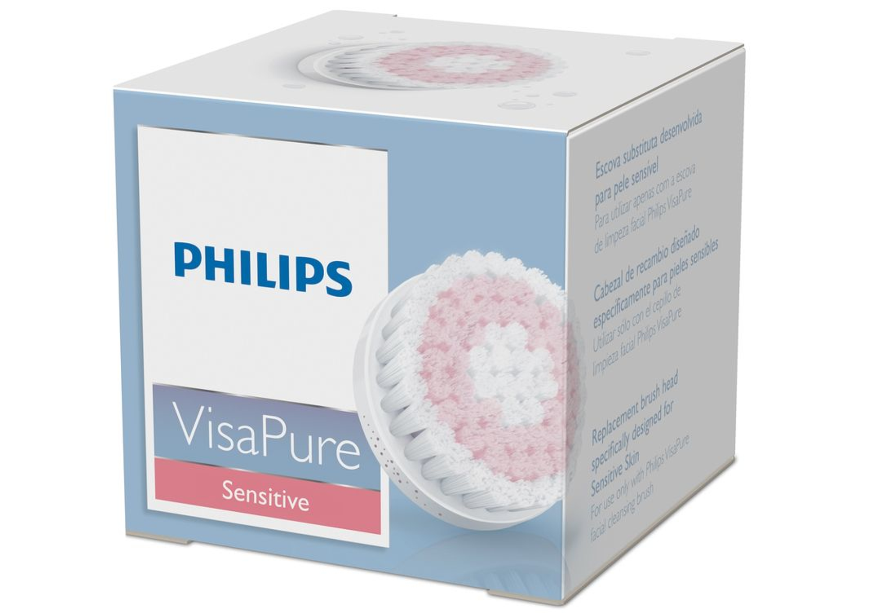 Scatola Philips VisaPure con immagine della testina. Scatola bianca con dettagli blu e rosa.