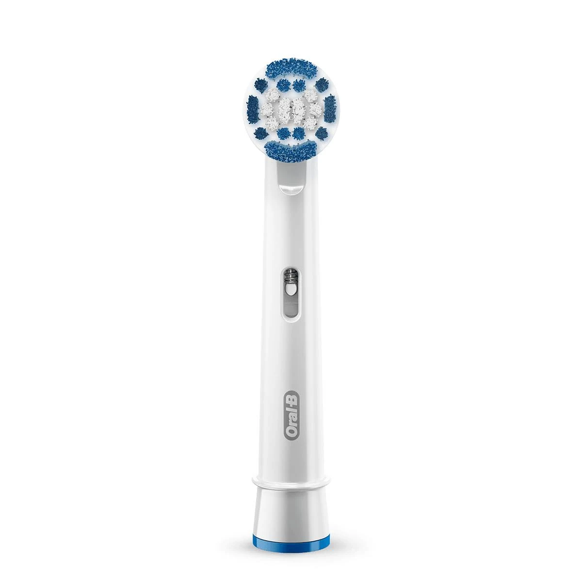 Cabezal de cepillo dental eléctrico Oral-B. Cabezal blanco con cerdas azules. Logotipo visible en el mango.