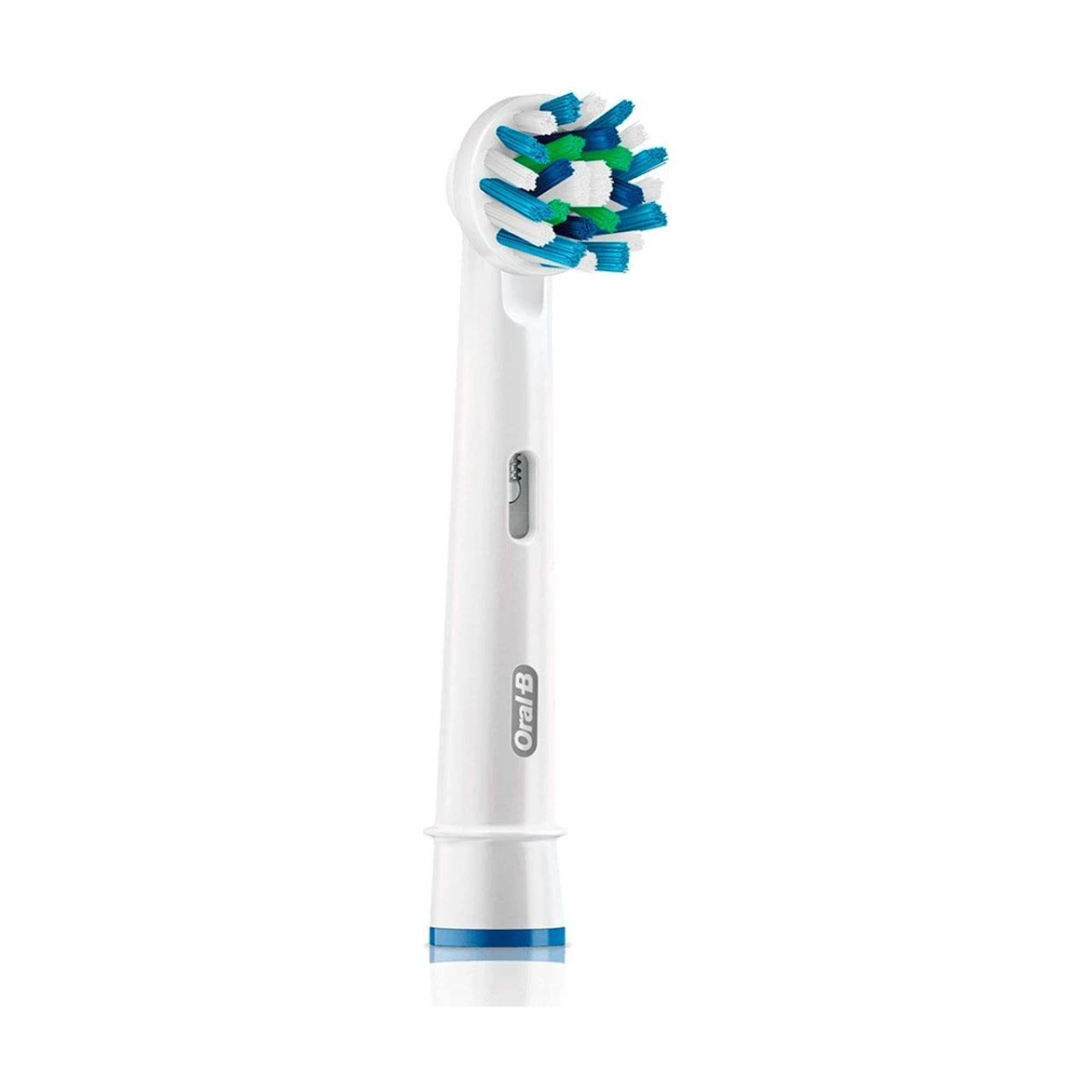 Cabezal de cepillo de dientes blanco con cerdas azules y verdes. Logo Oral-B.