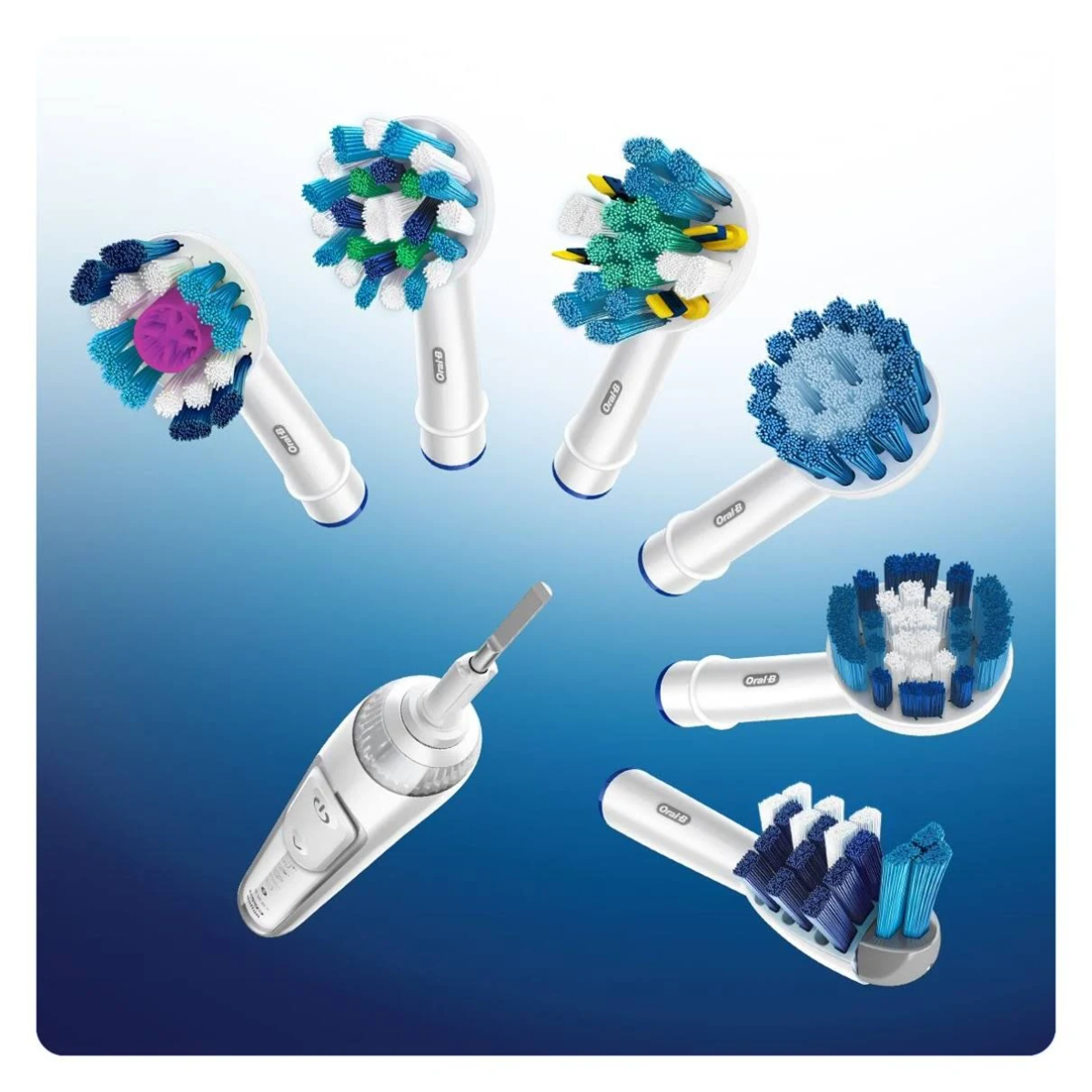 Varios cabezales de cepillo de dientes eléctrico sobre fondo degradado azul.