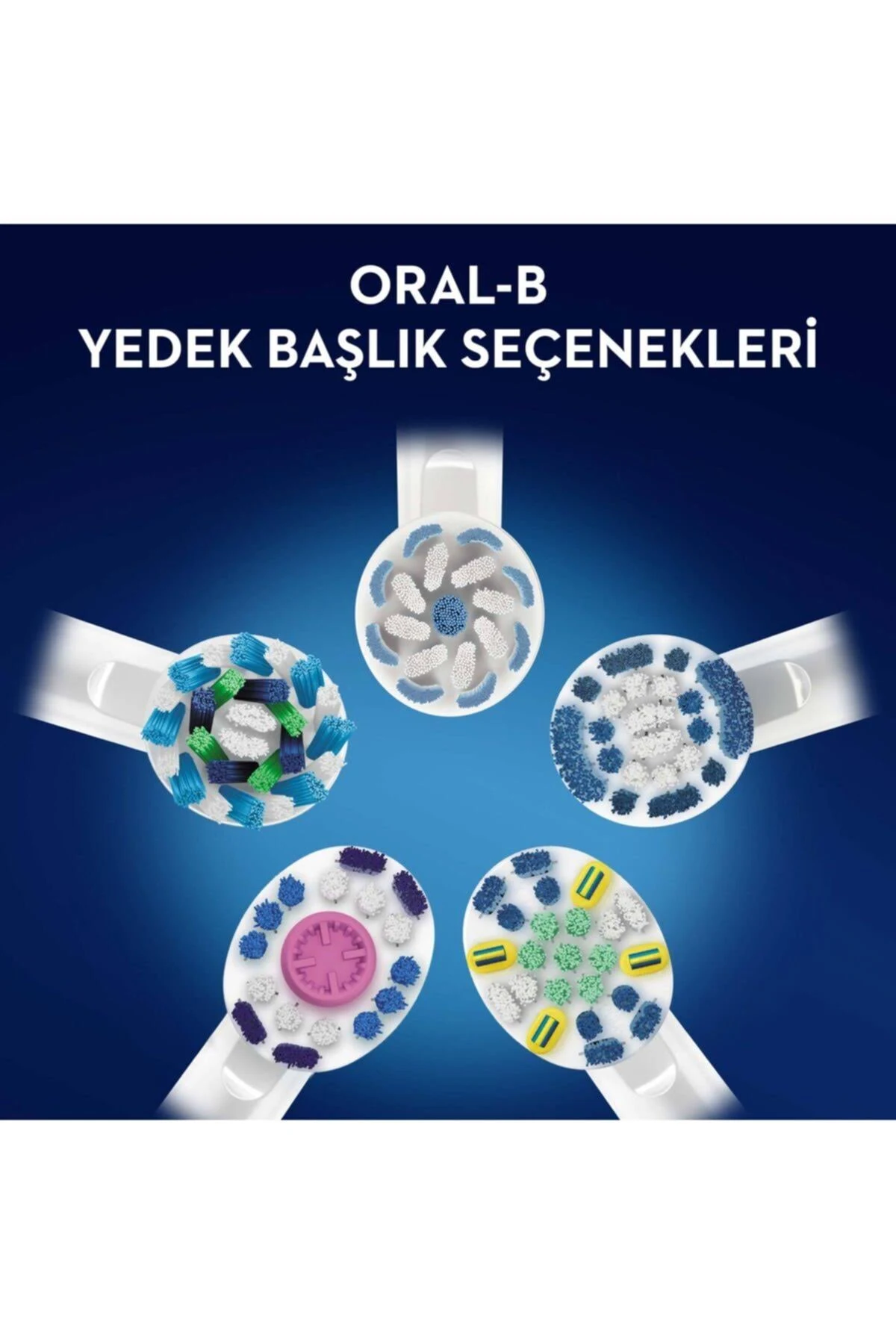 Primer plano de cabezales de cepillo de dientes Oral-B. Se muestran cinco cabezales diferentes.