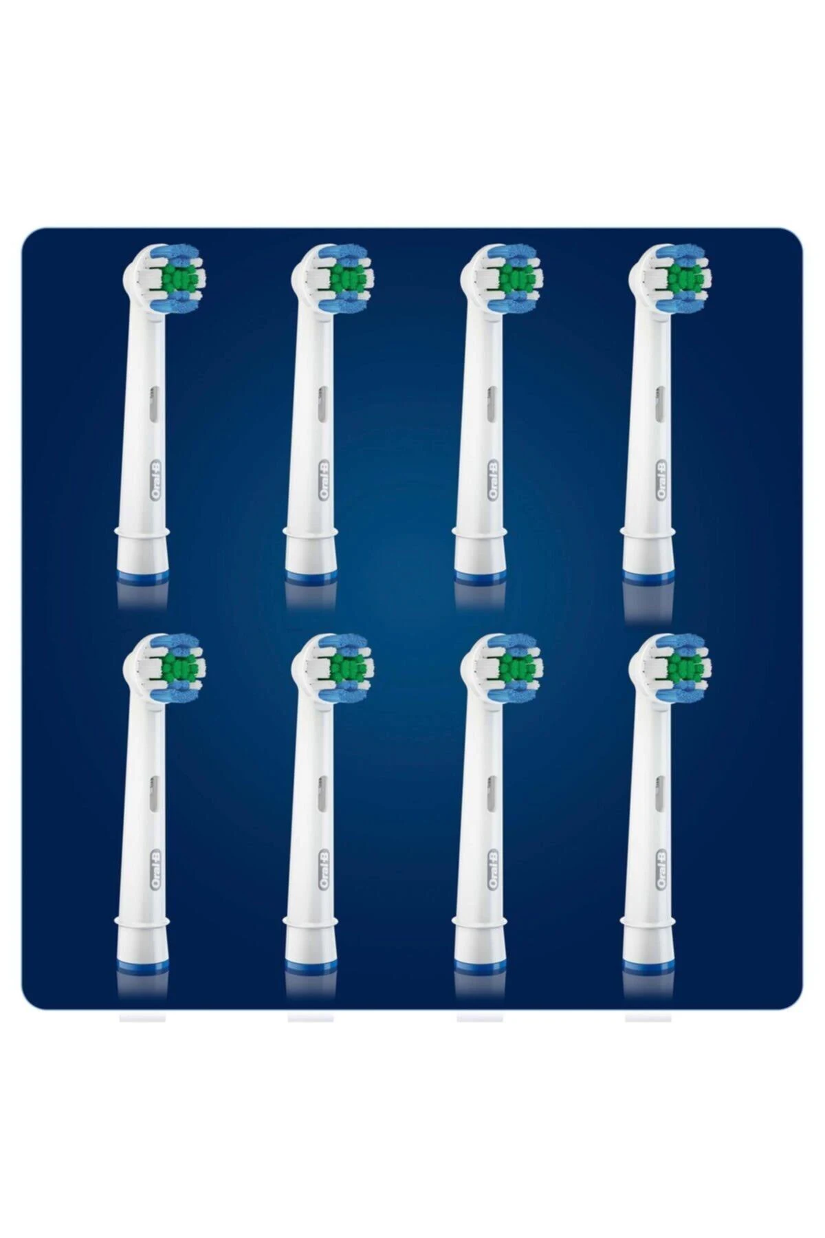 Ocho cabezales de cepillo de dientes blancos y azules dispuestos sobre un fondo azul oscuro.