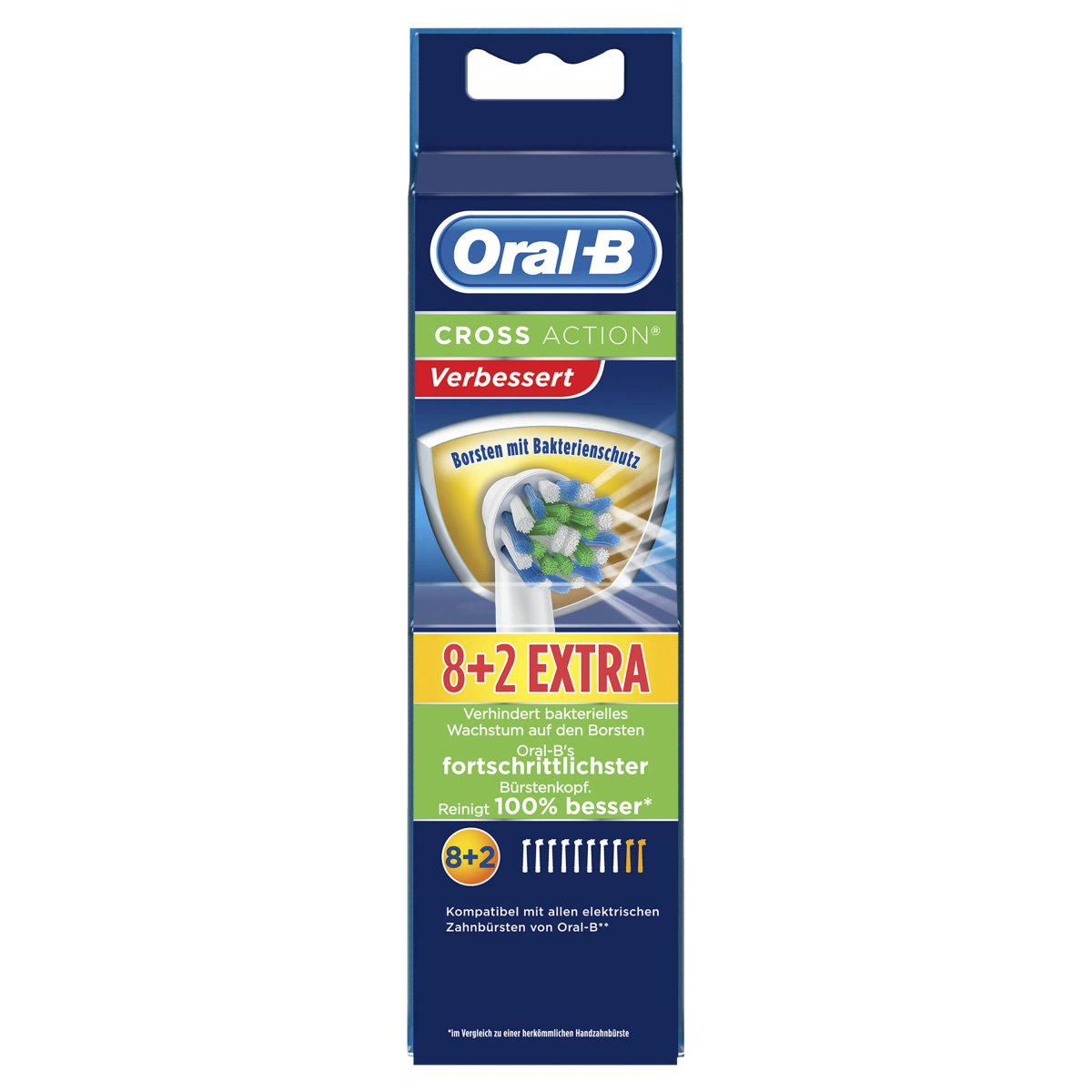 Caja de cabezales de cepillo de dientes Oral-B Cross Action. Texto indica cerdas mejoradas y protección antibacteriana.