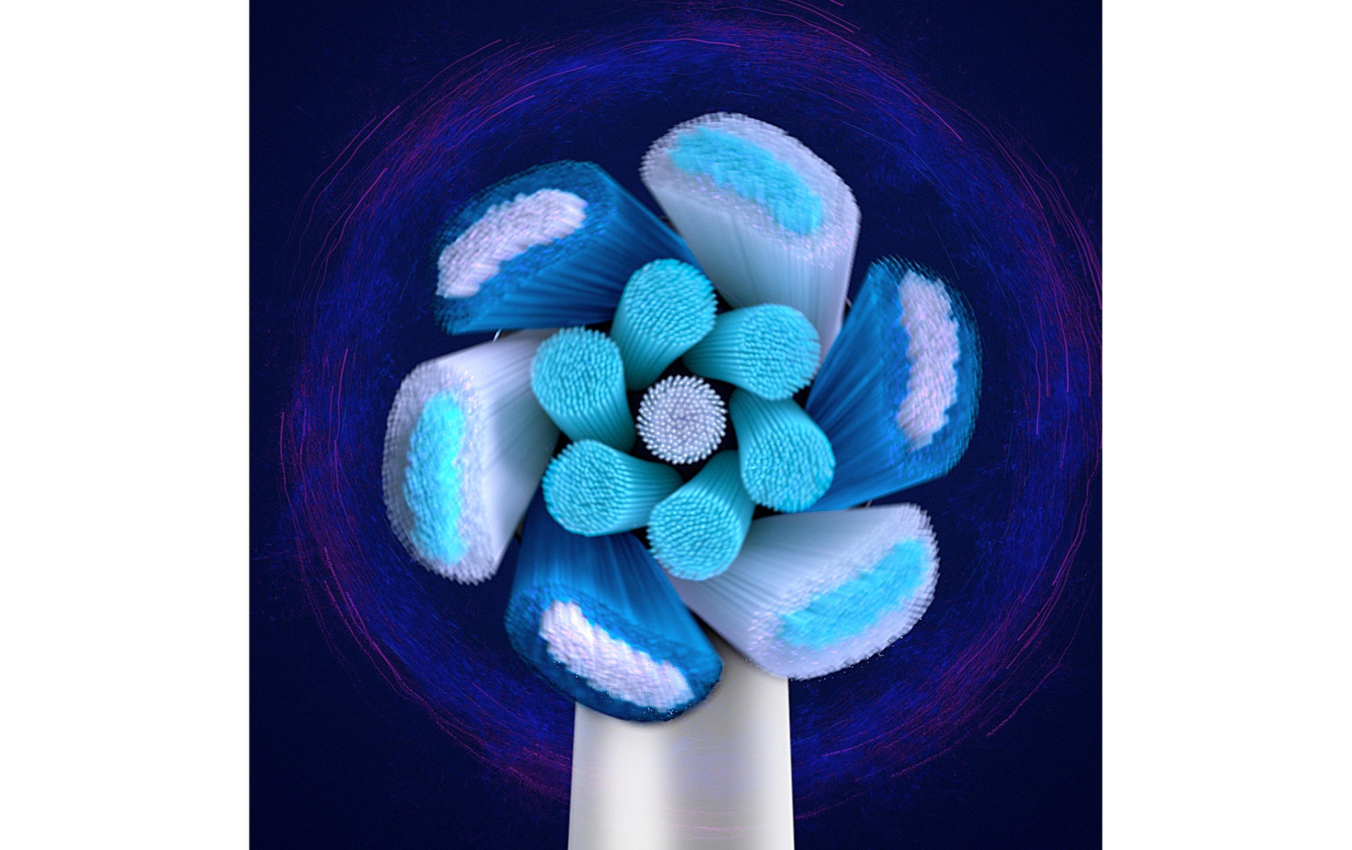 Zbliżenie główki szczoteczki elektrycznej z niebieskim i białym włosiem.