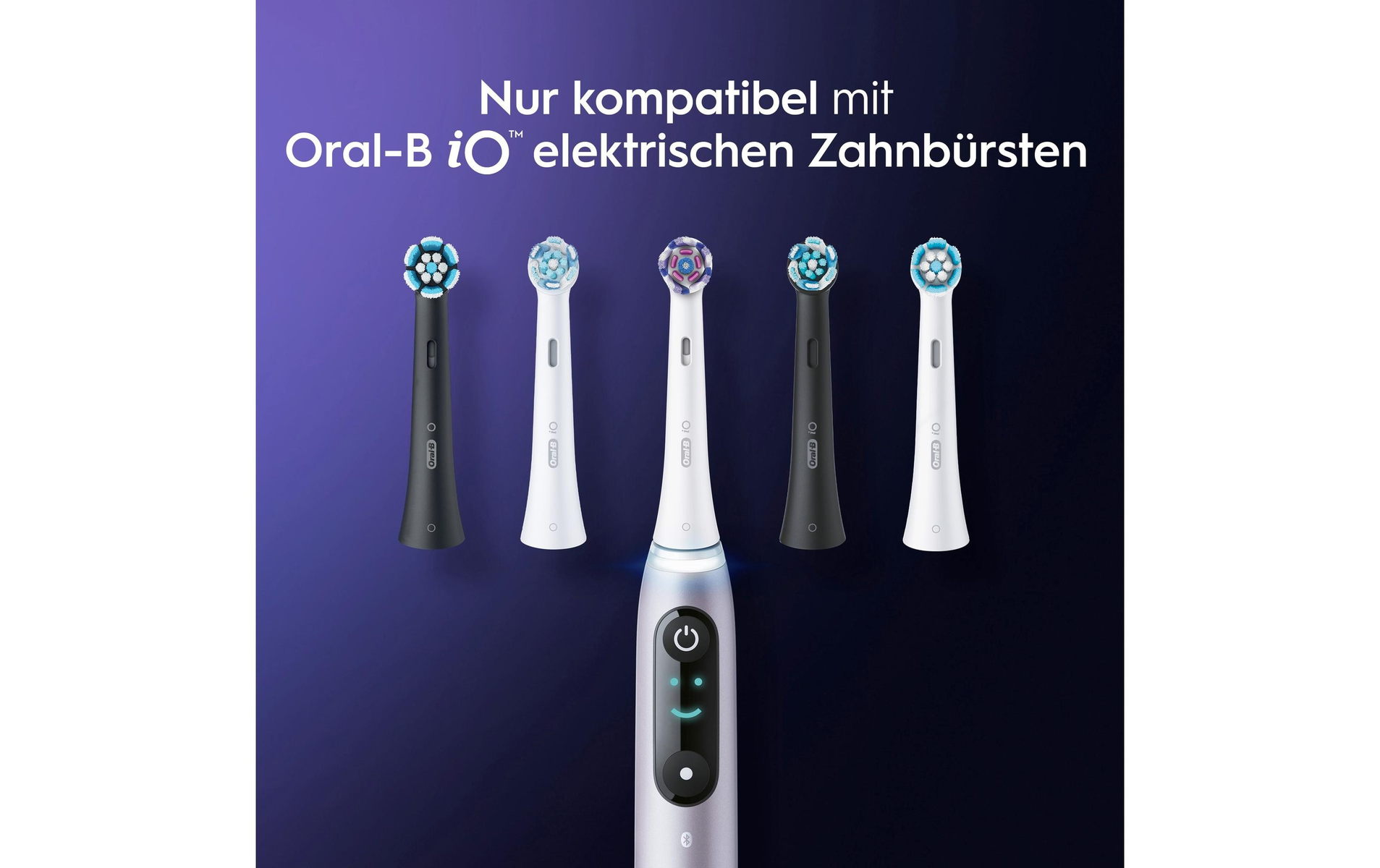 Wiele końcówek do szczoteczek elektrycznych Oral-B iO i uchwyt szczoteczki. Schemat kolorów niebieski i biały.
