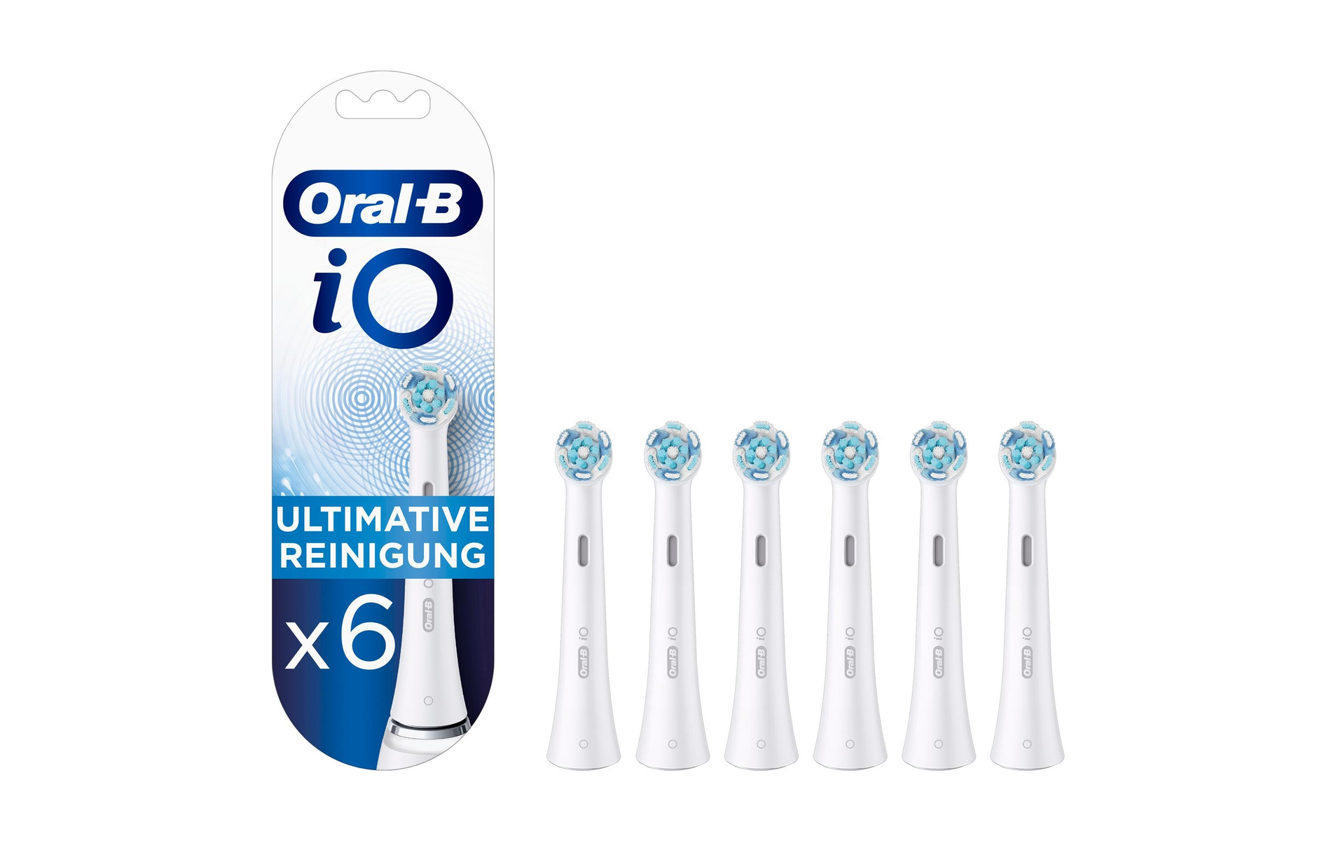 Opakowanie sześciu białych końcówek do szczoteczki do zębów z niebiesko-białym włosiem i opakowaniem.