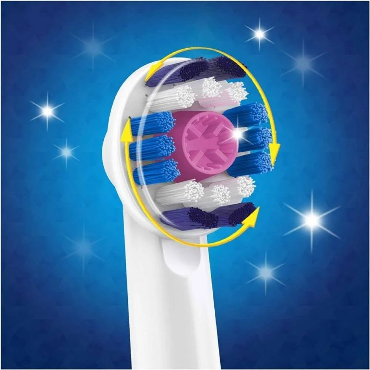 Close-up of an electric toothbrush head. The bristles are blue, white, pink, and purple.