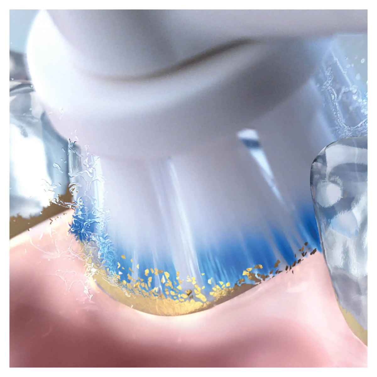 Primo piano delle setole dello spazzolino che puliscono i denti. Le setole sono blu e bianche.