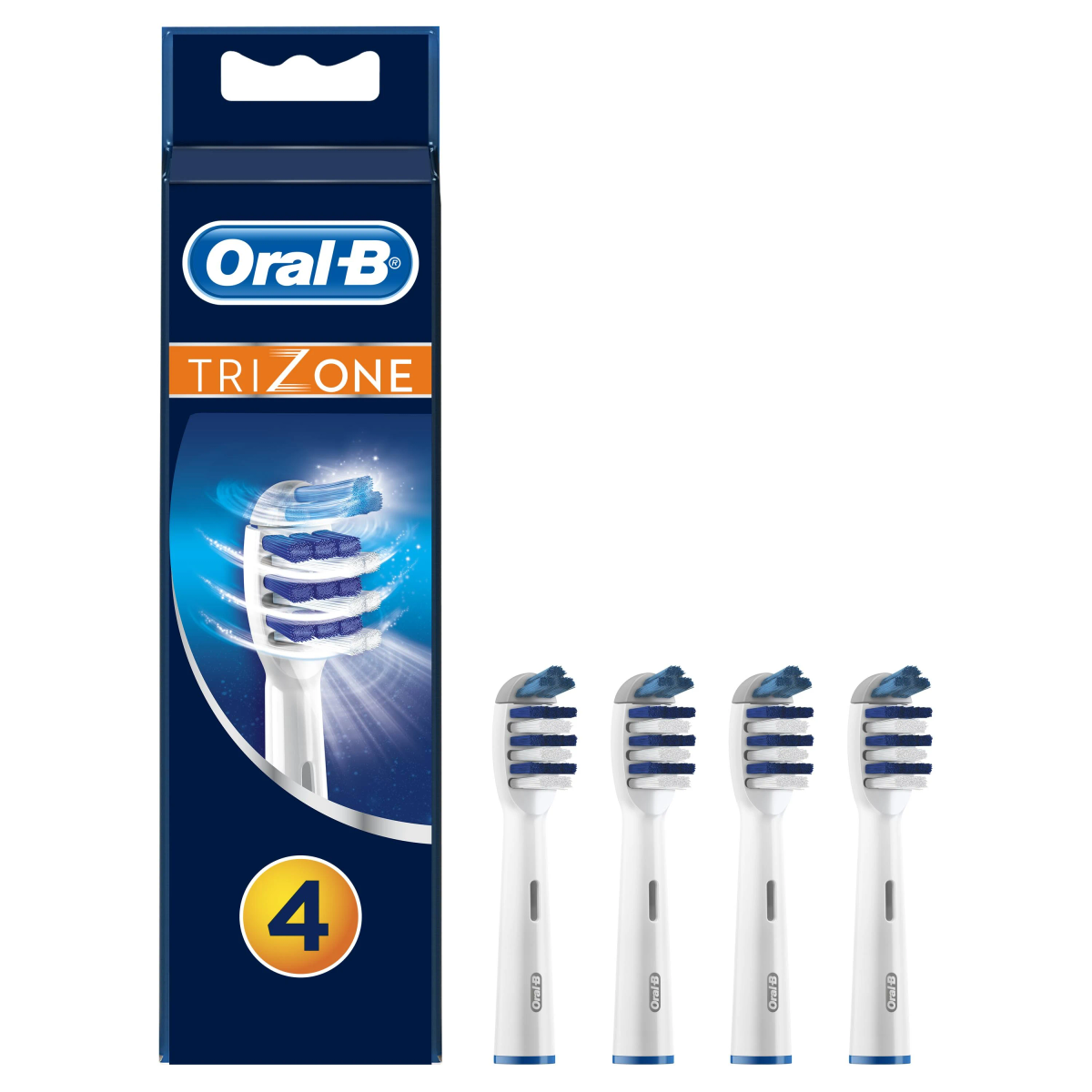 Główki szczoteczek do zębów Oral-B TriZone w niebieskim opakowaniu.