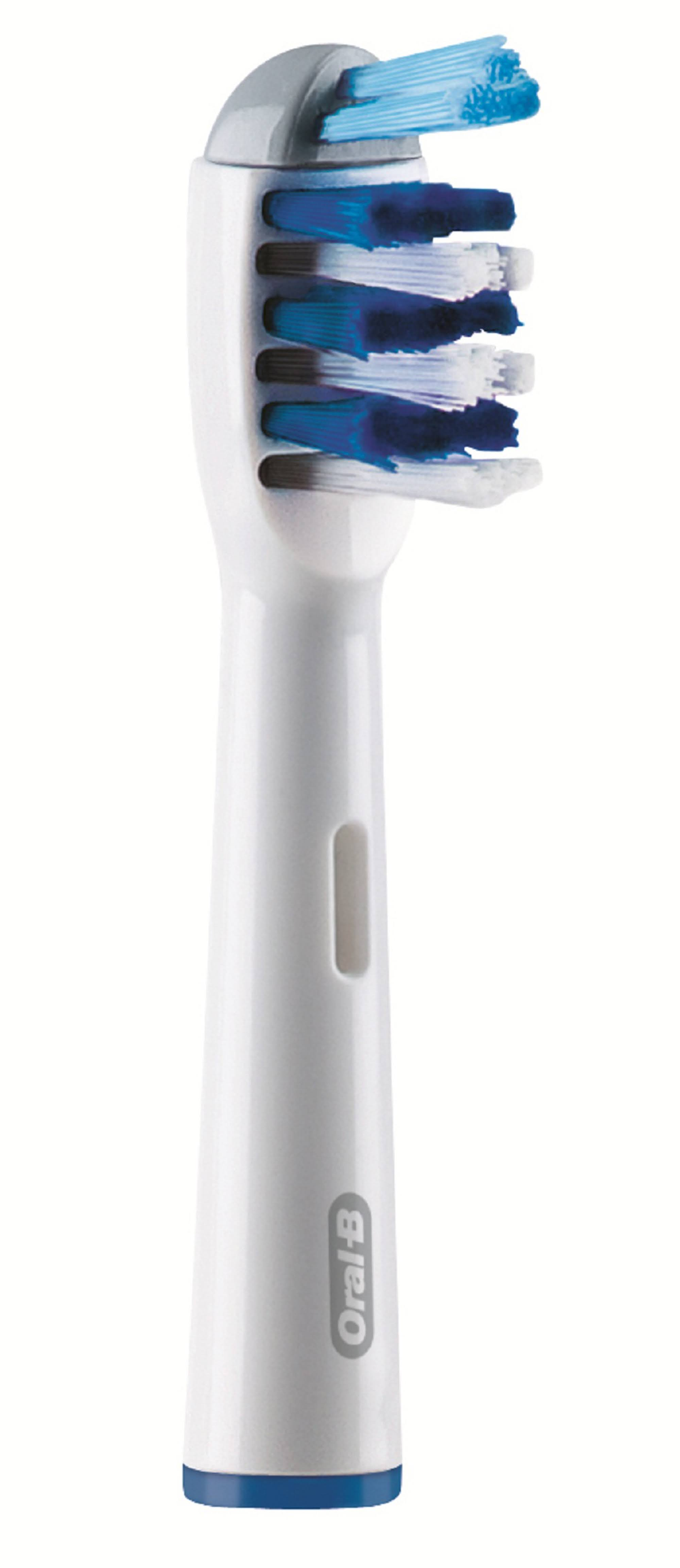 Główka szczoteczki do zębów Oral-B, biała z niebieskim i białym włosiem. Widoczne logo Oral-B.