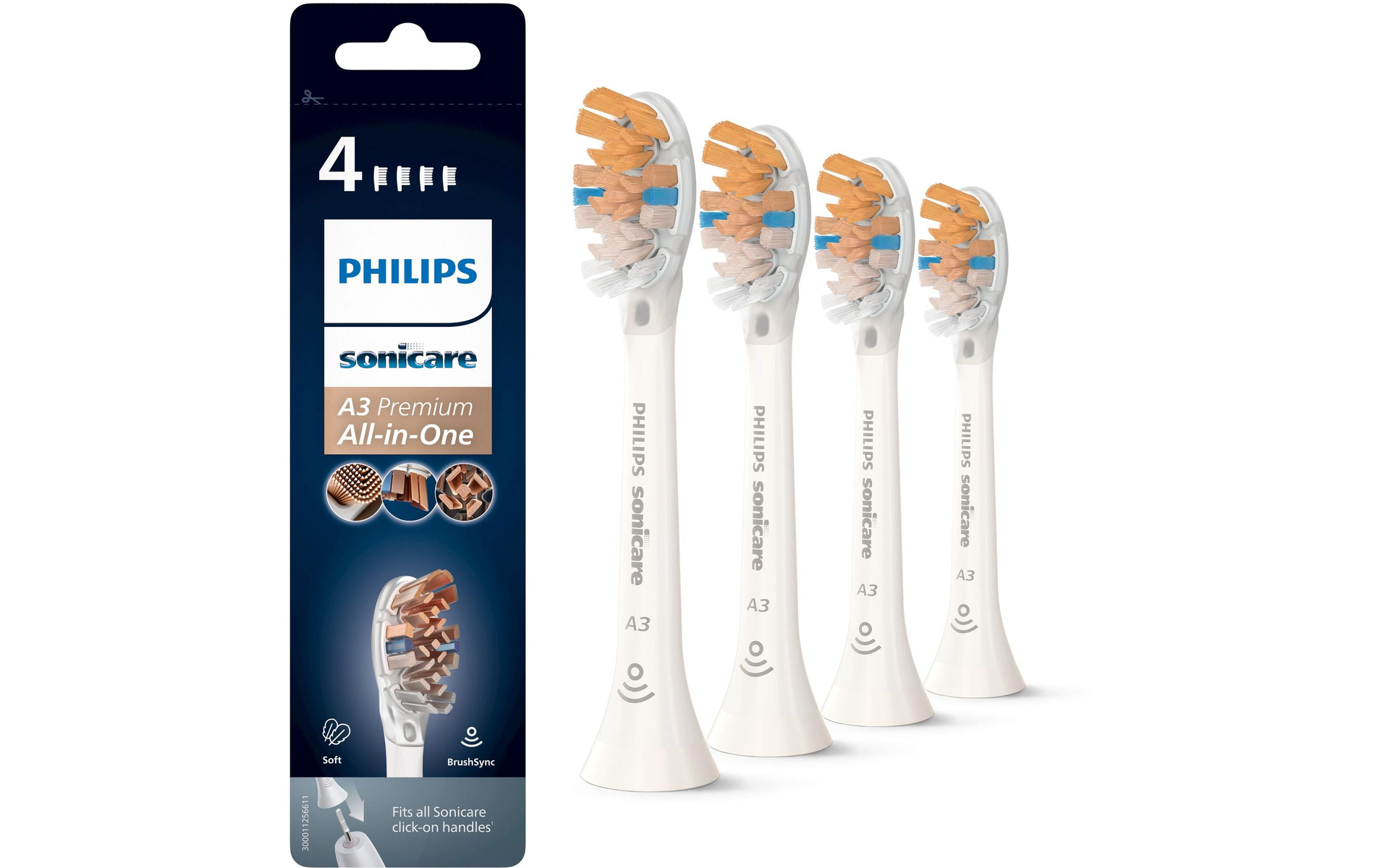 Cabezales de cepillo de dientes Philips Sonicare en un paquete y cuatro alineados.