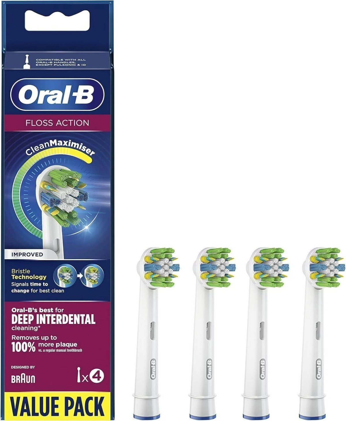 Opakowanie główek szczoteczek do zębów Oral-B Floss Action. Cztery główki obok pudełka.