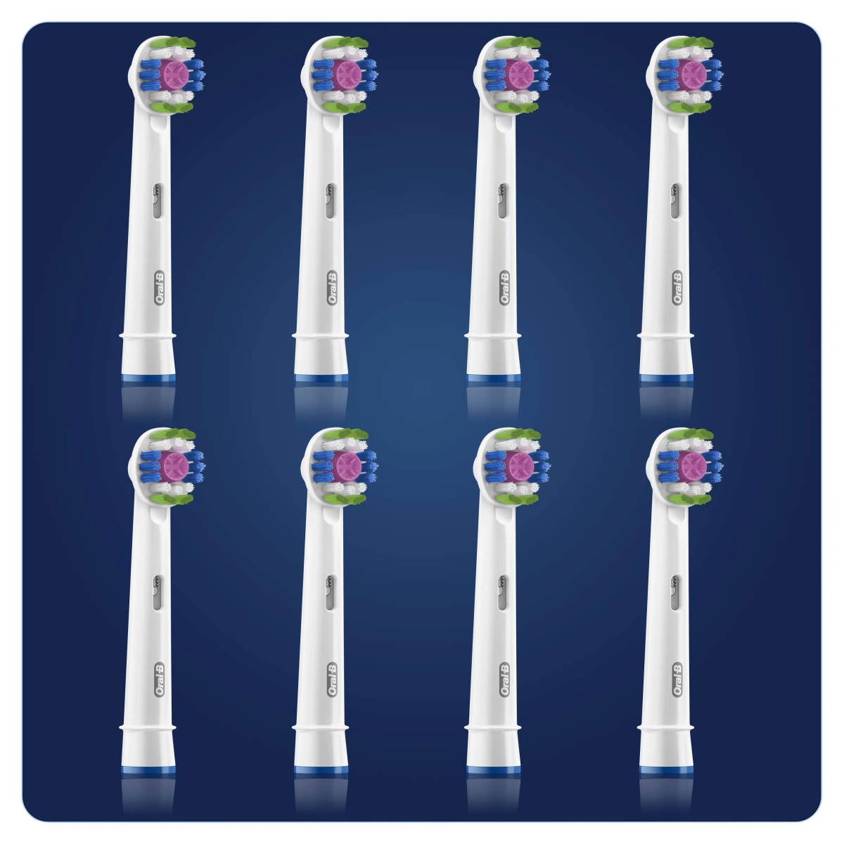 Ocho cabezales blancos de cepillo de dientes con cerdas moradas, verdes y azules, sobre fondo azul oscuro.