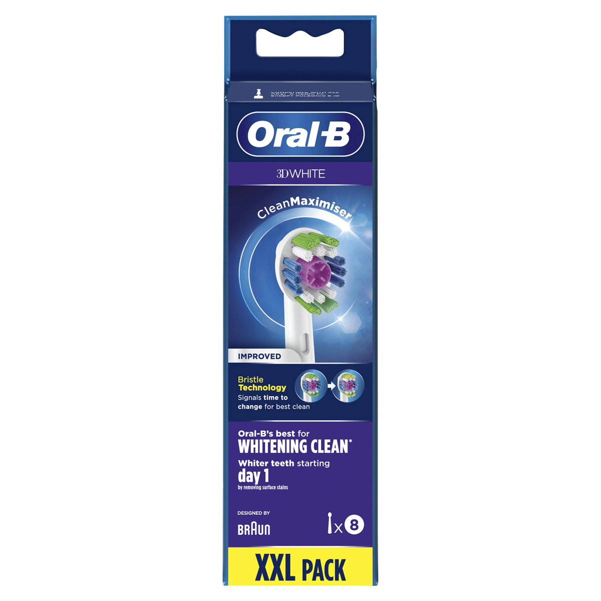 Una caja de Oral-B 3D White XXL. Muestra un cabezal de cepillo de dientes y el logotipo de Oral-B.