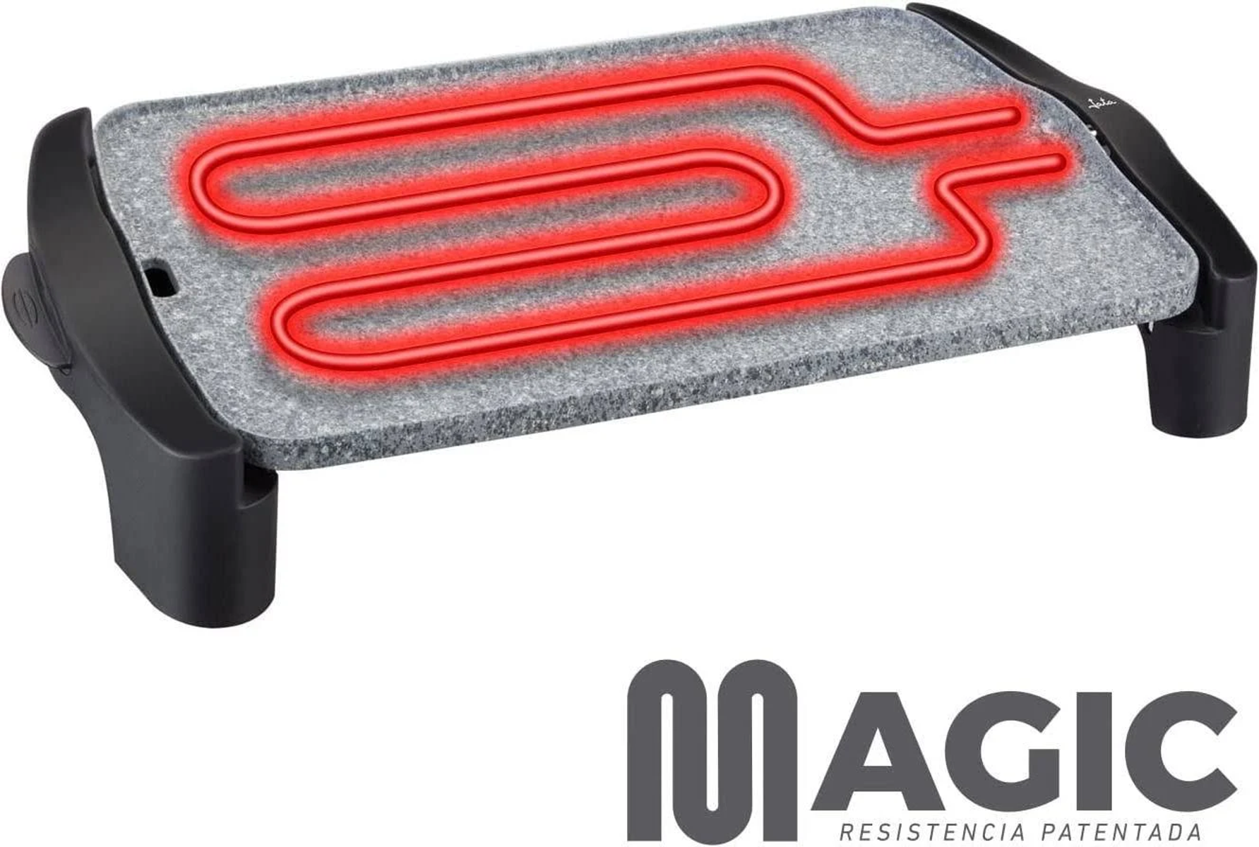 Griglia elettrica nera e grigia con elemento riscaldante rosso. Logo Magic in basso.
