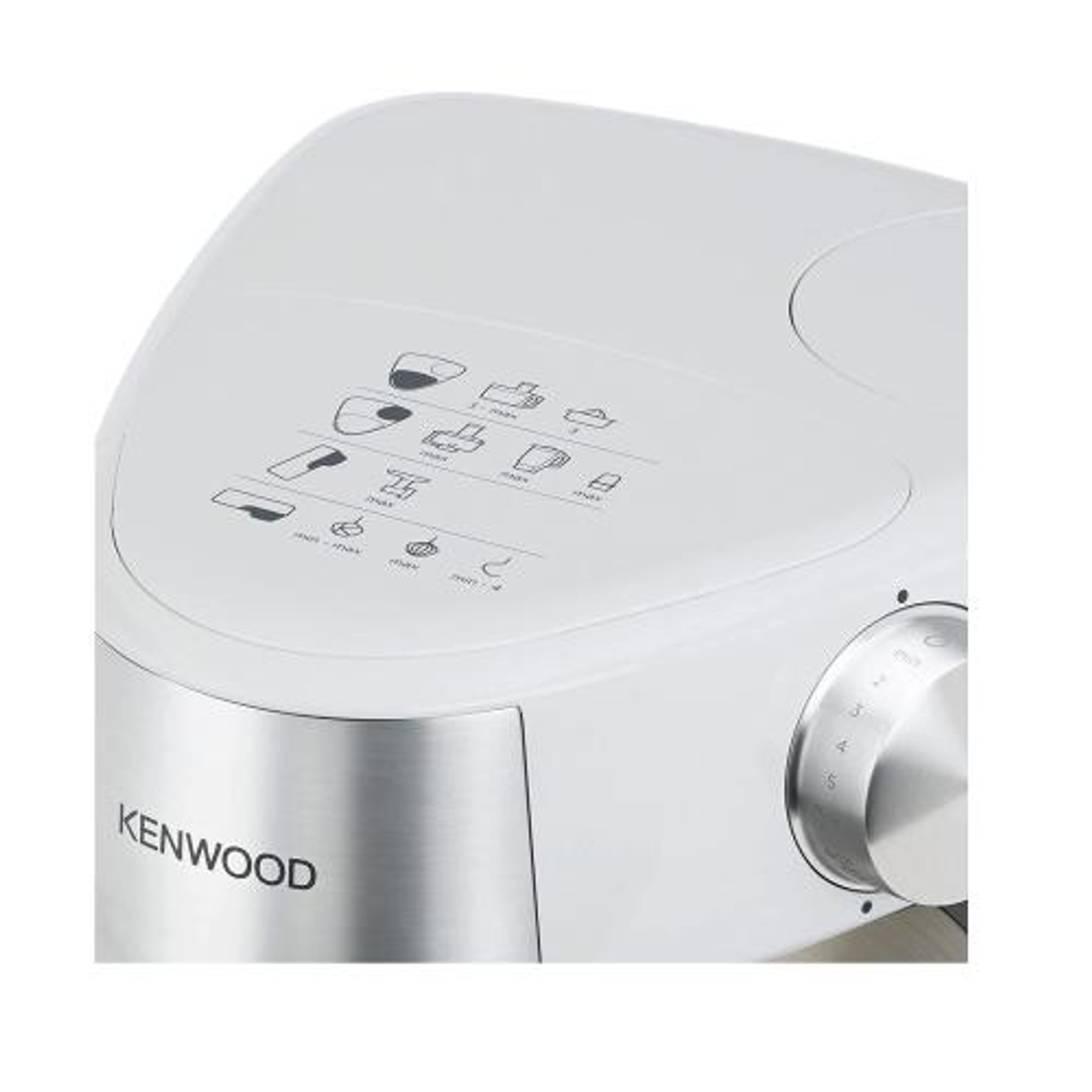 Close-up van een Kenwood keukenapparaat bedieningspaneel met iconen en draaiknop.