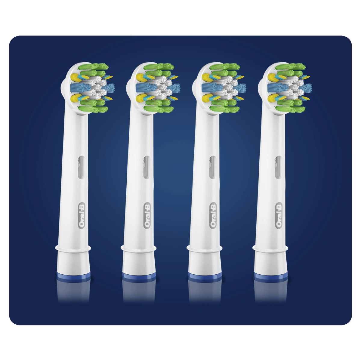 Quattro testine per spazzolino Oral-B su sfondo blu scuro. Le testine sono bianche con setole colorate.