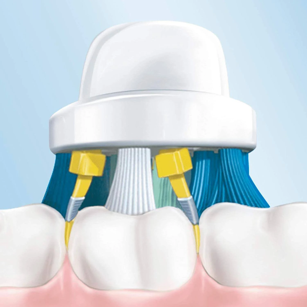 Primo piano di uno spazzolino elettrico bianco che pulisce tra tre denti bianchi su uno sfondo azzurro.