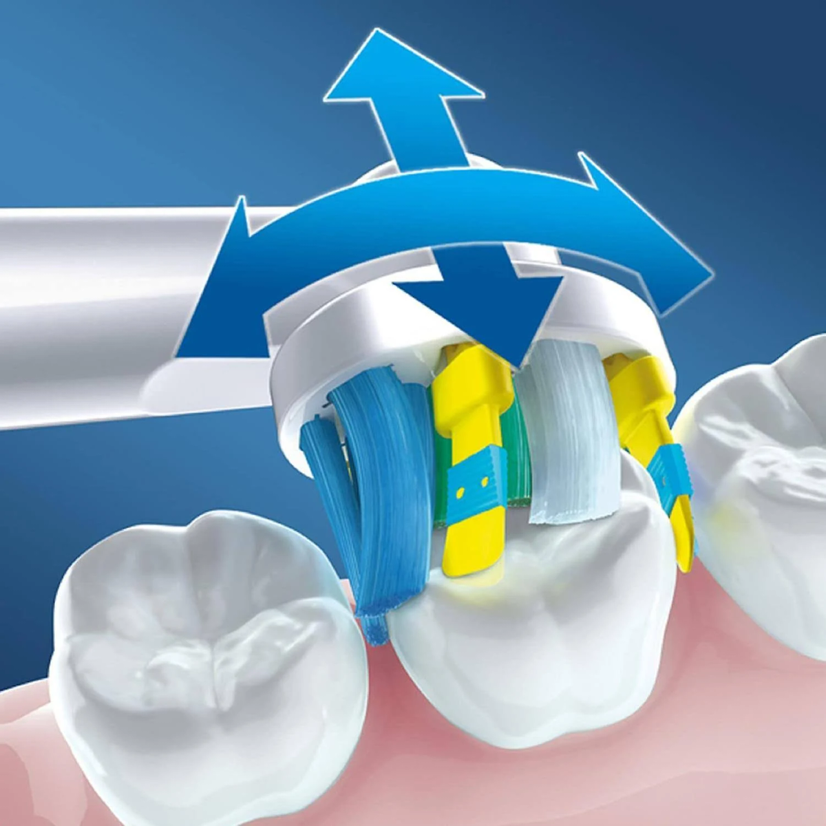 Primo piano di uno spazzolino elettrico bianco che pulisce tra i denti con frecce blu che indicano il movimento.
