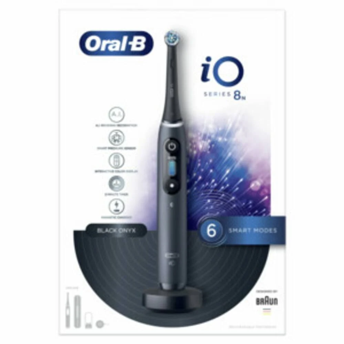 Cepillo de dientes eléctrico negro y plateado. En caja con Oral-B e iO Series 8.