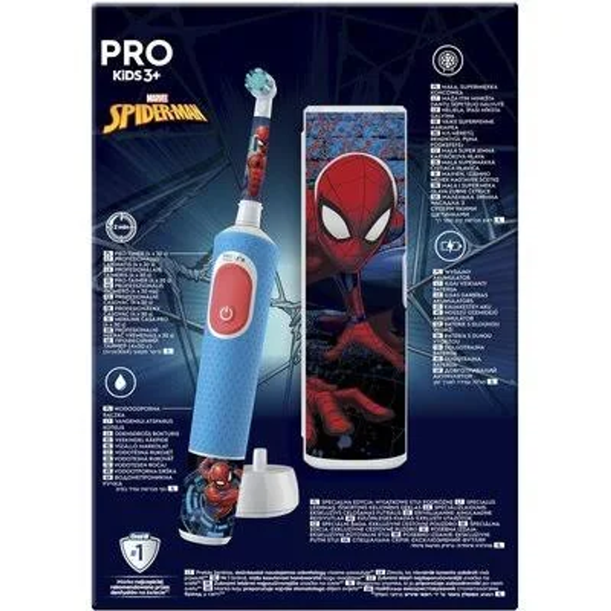 Spazzolino Spiderman sulla scatola. Sono presenti colori blu, rossi e bianchi. La scatola ha testo e immagini.