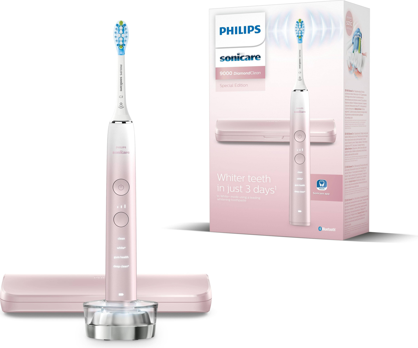 Spazzolino e accessori Philips Sonicare rosa. Scatola con immagine spazzolino.