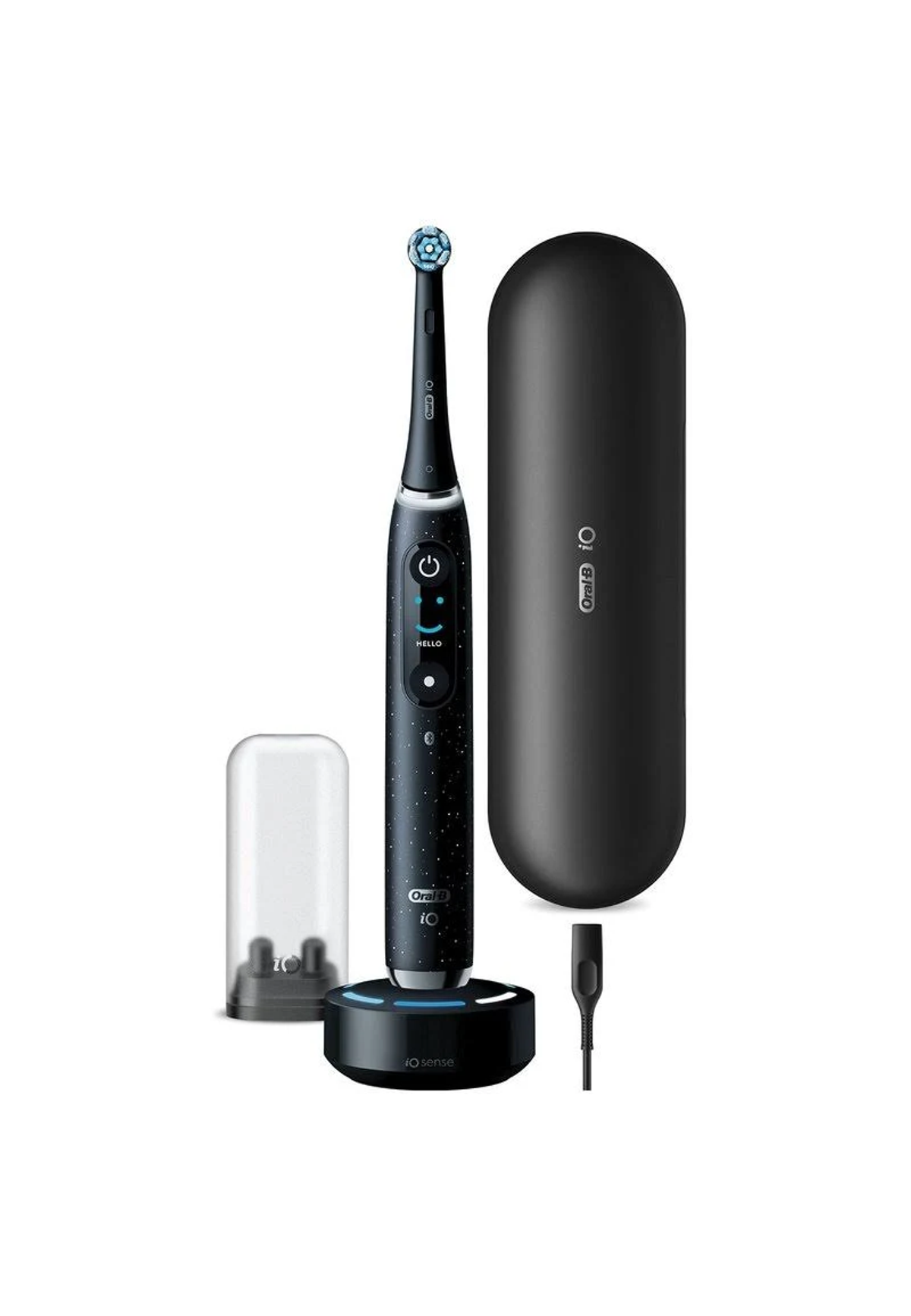 Czarna szczoteczka elektryczna Oral-B iO, stacja ładująca, etui podróżne i główka.