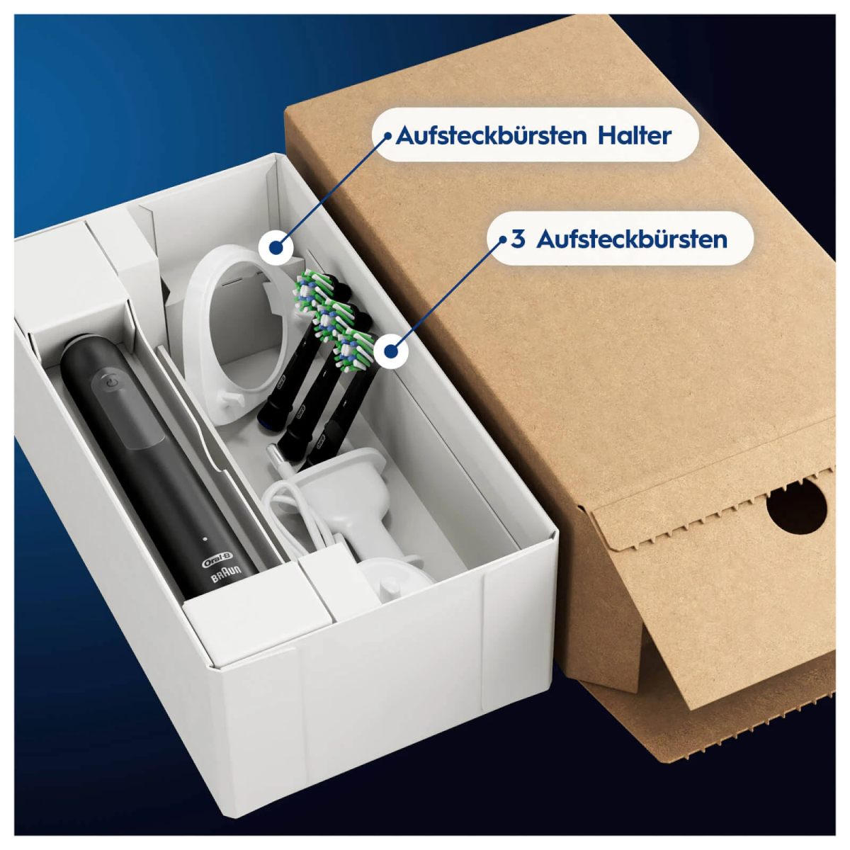 Caja abierta con cepillo de dientes eléctrico y accesorios.