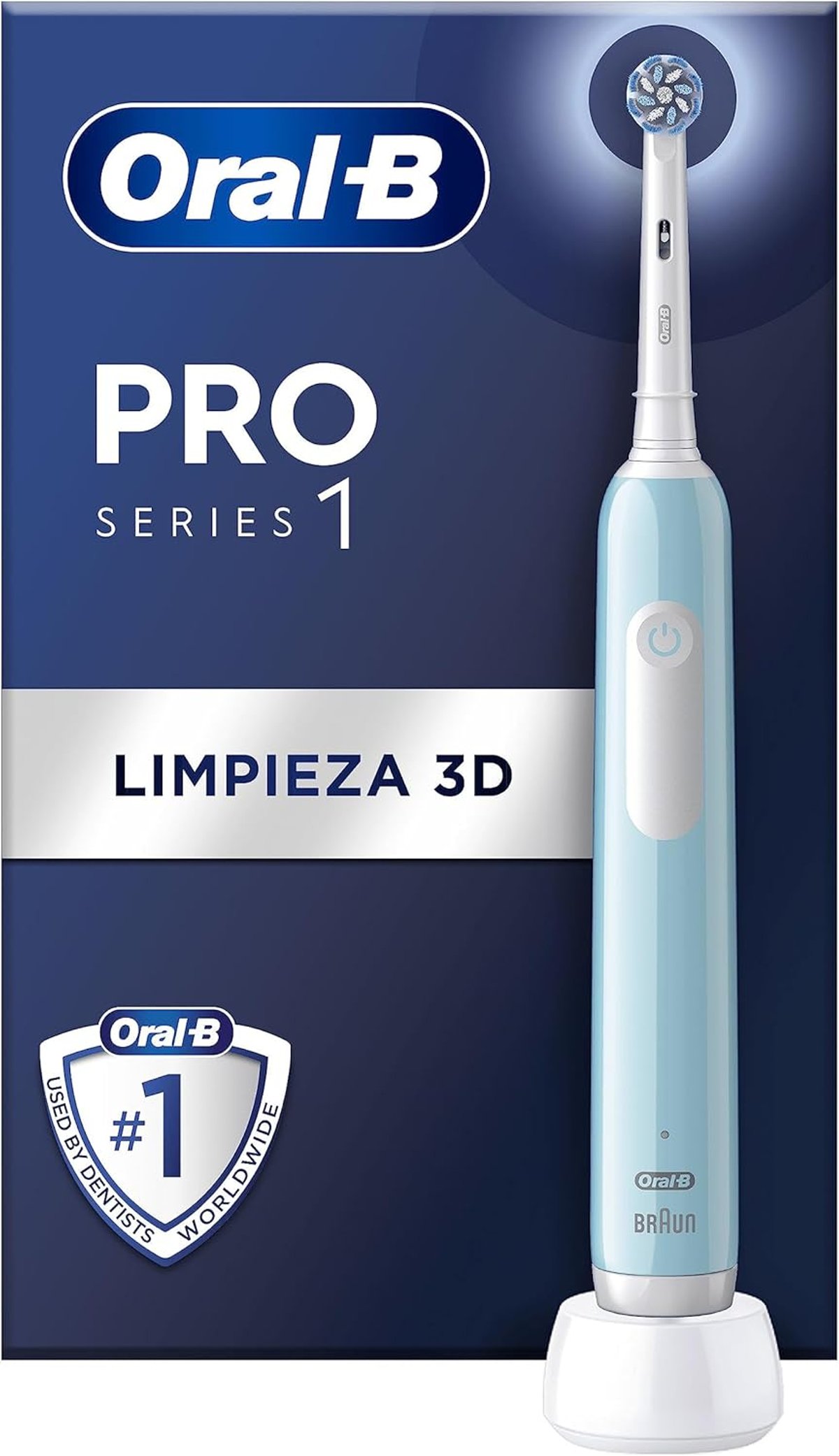Cepillo de dientes eléctrico Oral-B Pro Series 1. Azul con base de carga blanca. El embalaje es visible.