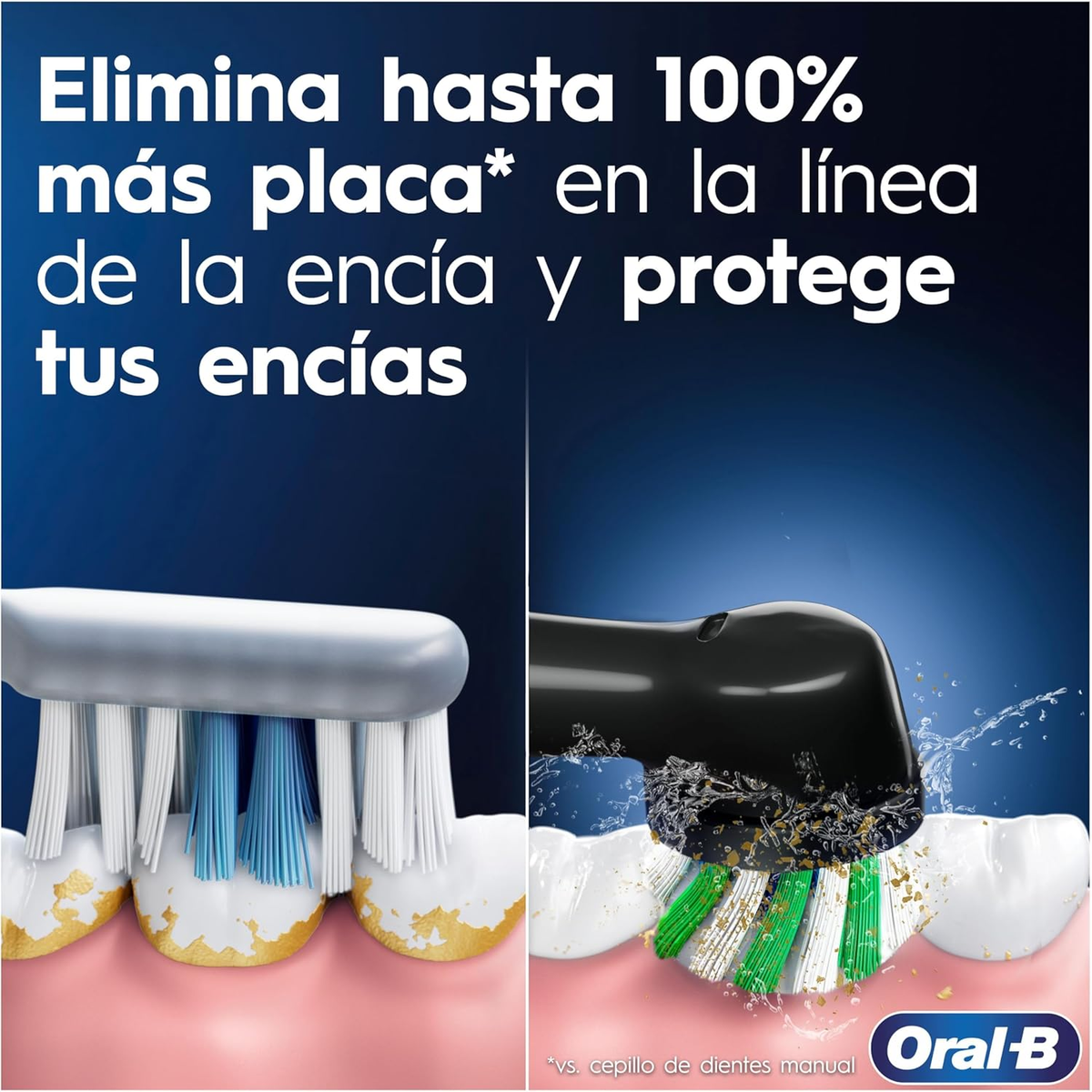 Dos imágenes comparan un cepillo de dientes manual y Oral-B, con leyendas que resaltan la protección de las encías.