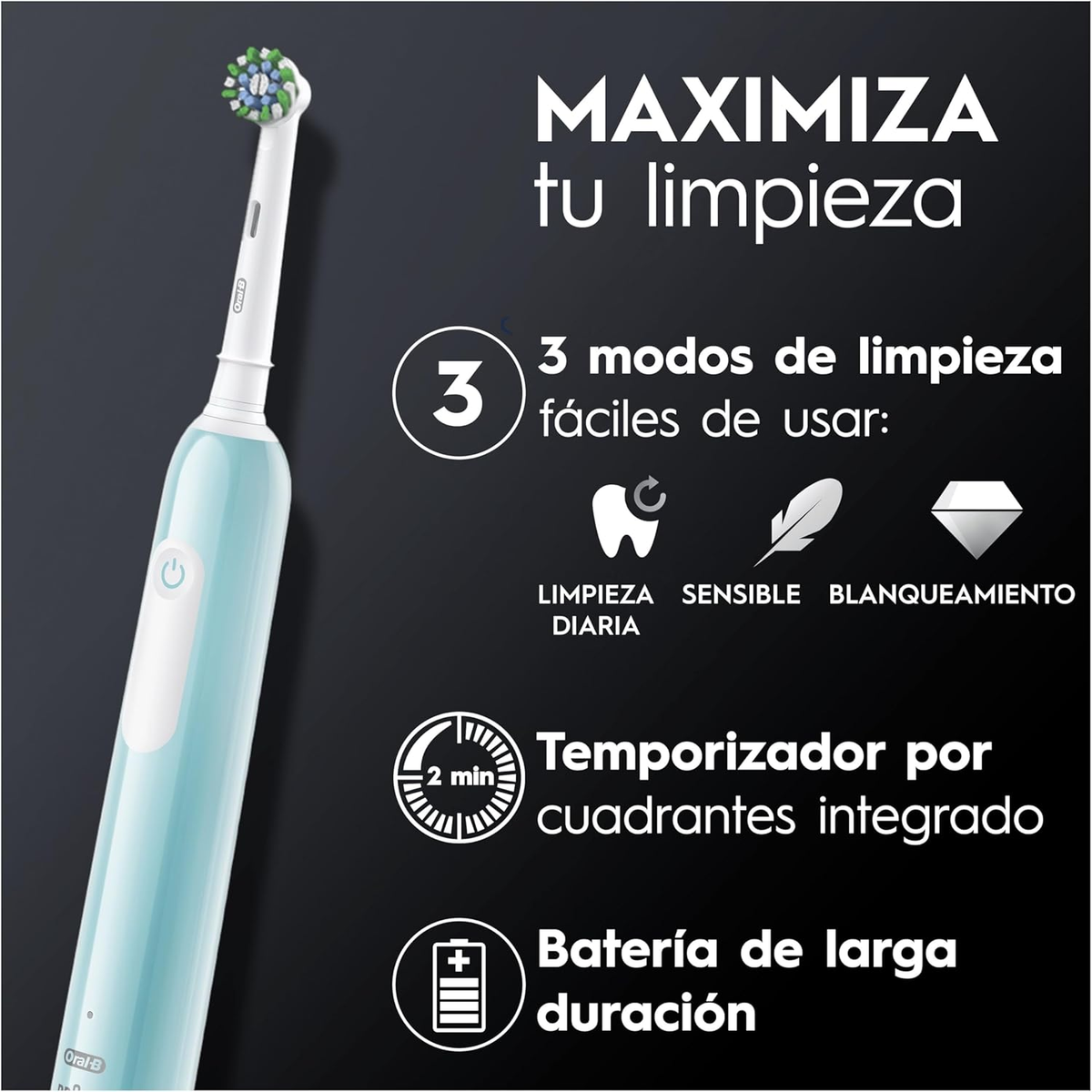 Cepillo de dientes eléctrico azul con texto sobre fondo oscuro, promoviendo funciones.