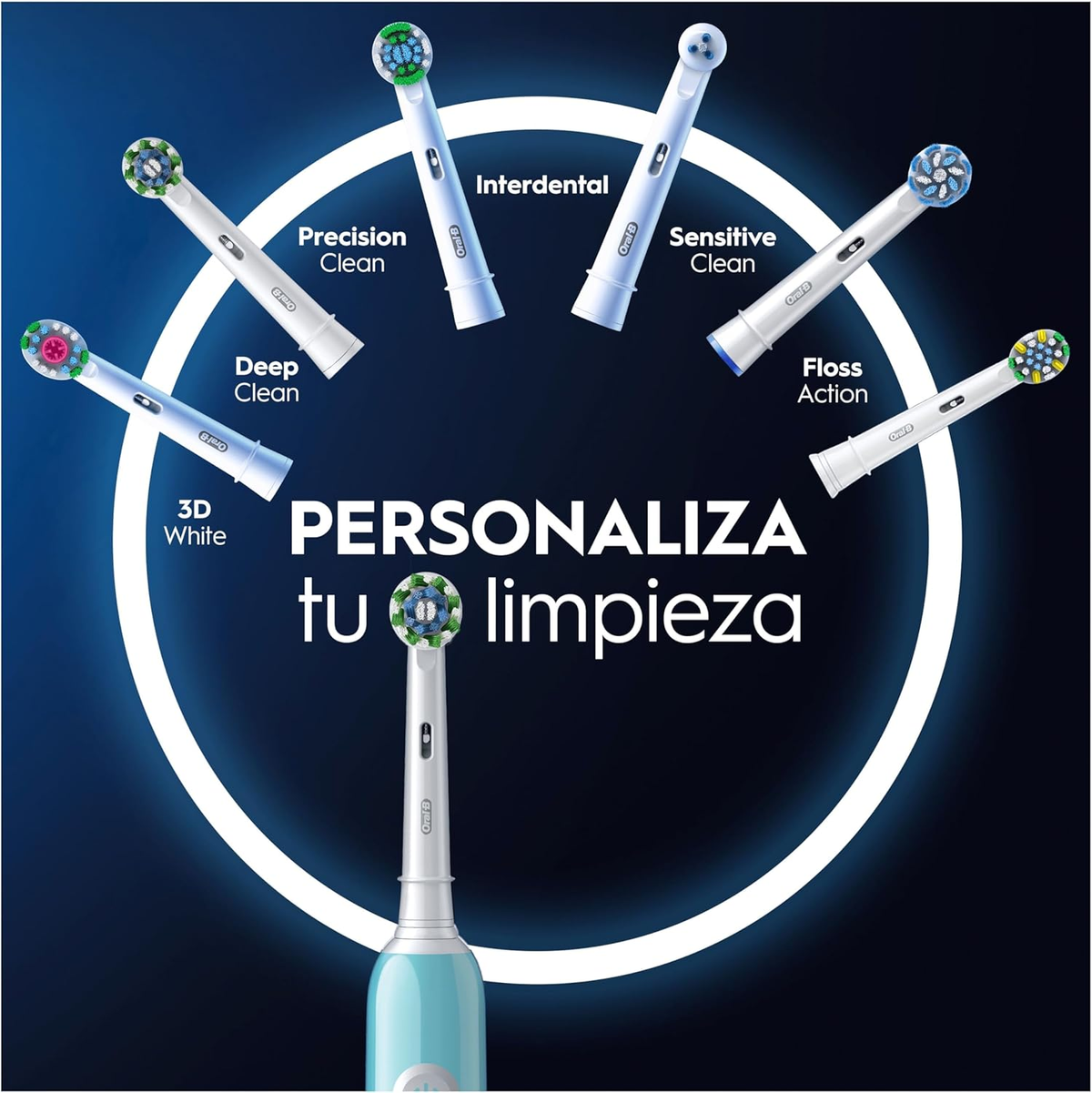 Un anuncio que muestra diferentes cabezales de cepillo de dientes Oral B con nombres de productos.