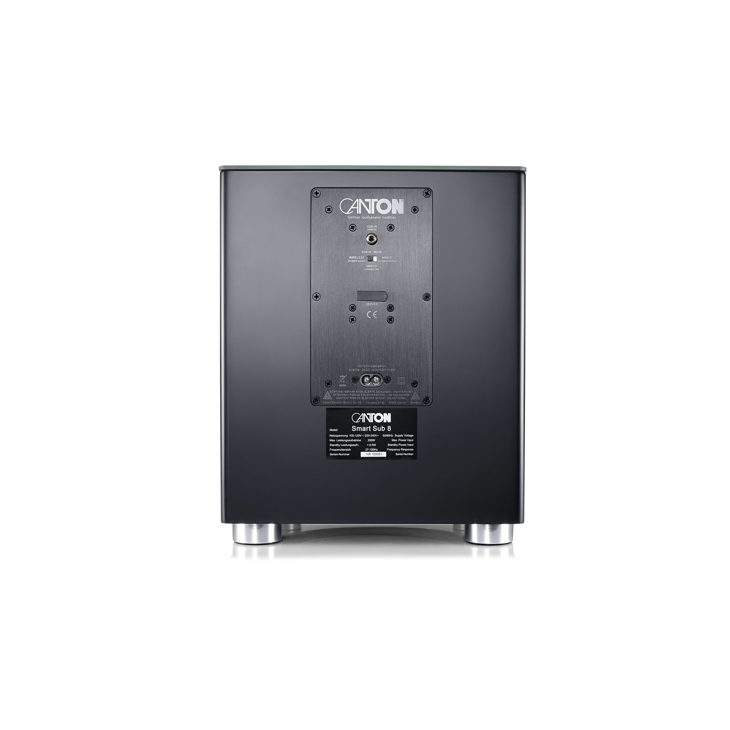 Zwarte Canton subwoofer met Canton-logo. Het heeft zilveren voetjes aan de onderkant.