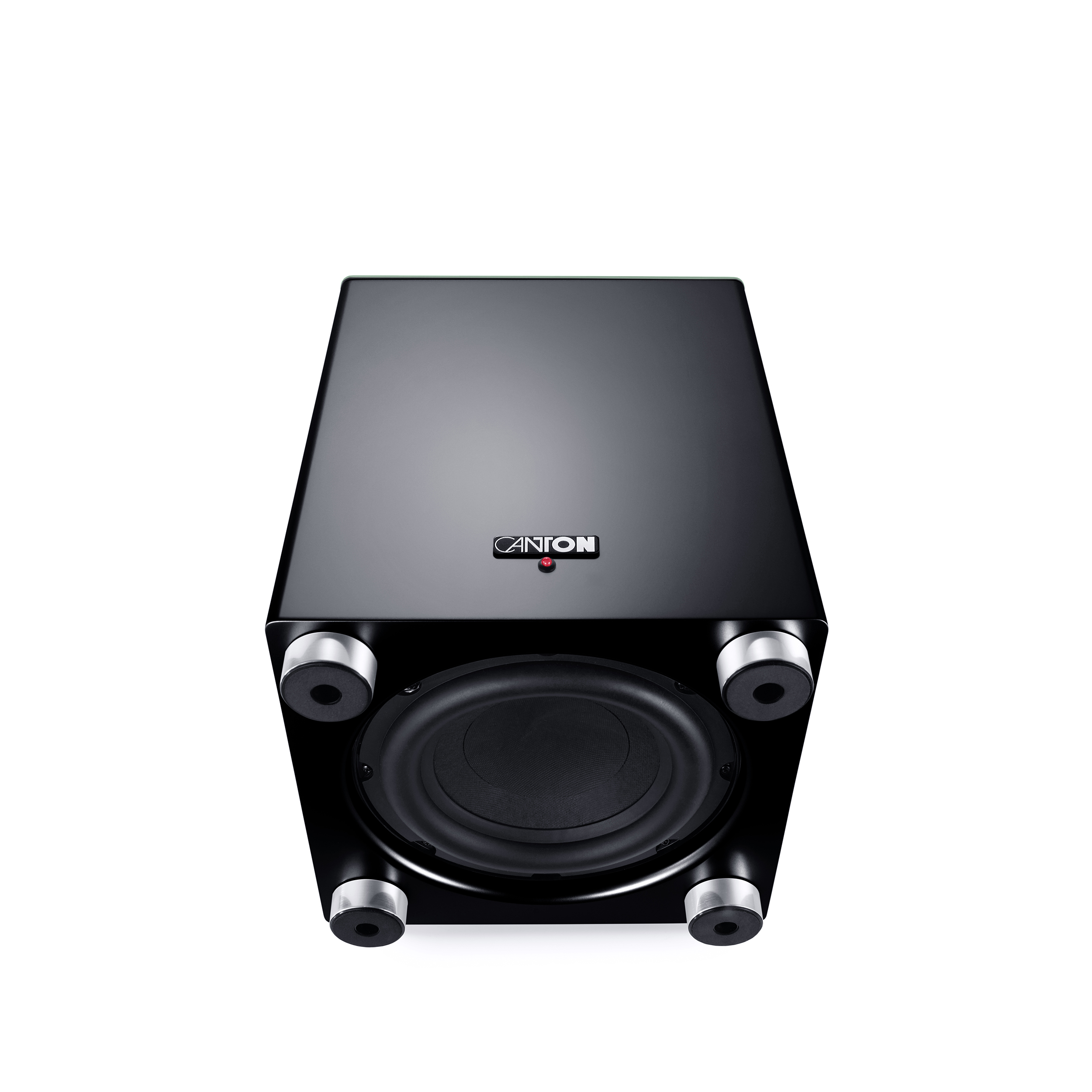 Zwarte subwoofer met chromen poten, naam CANTON, witte achtergrond.