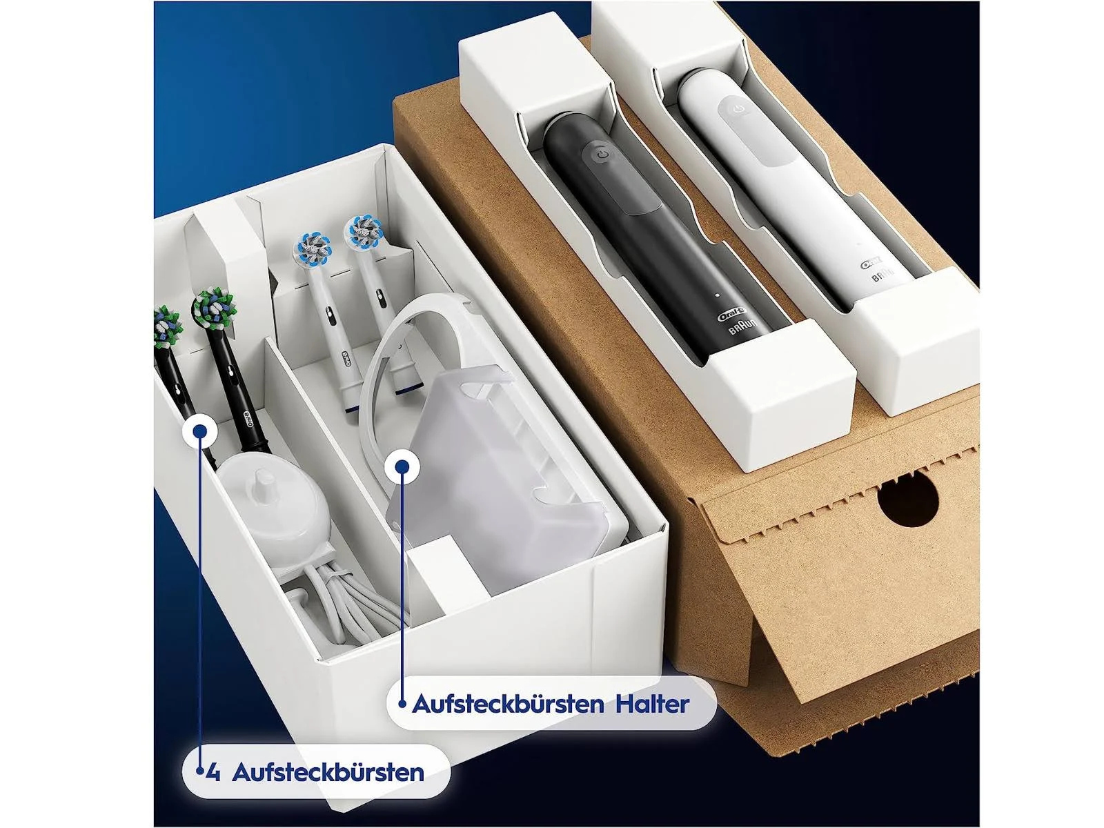 Caja abierta con cabezales de cepillo Oral-B, cargadores y estuche de viaje.