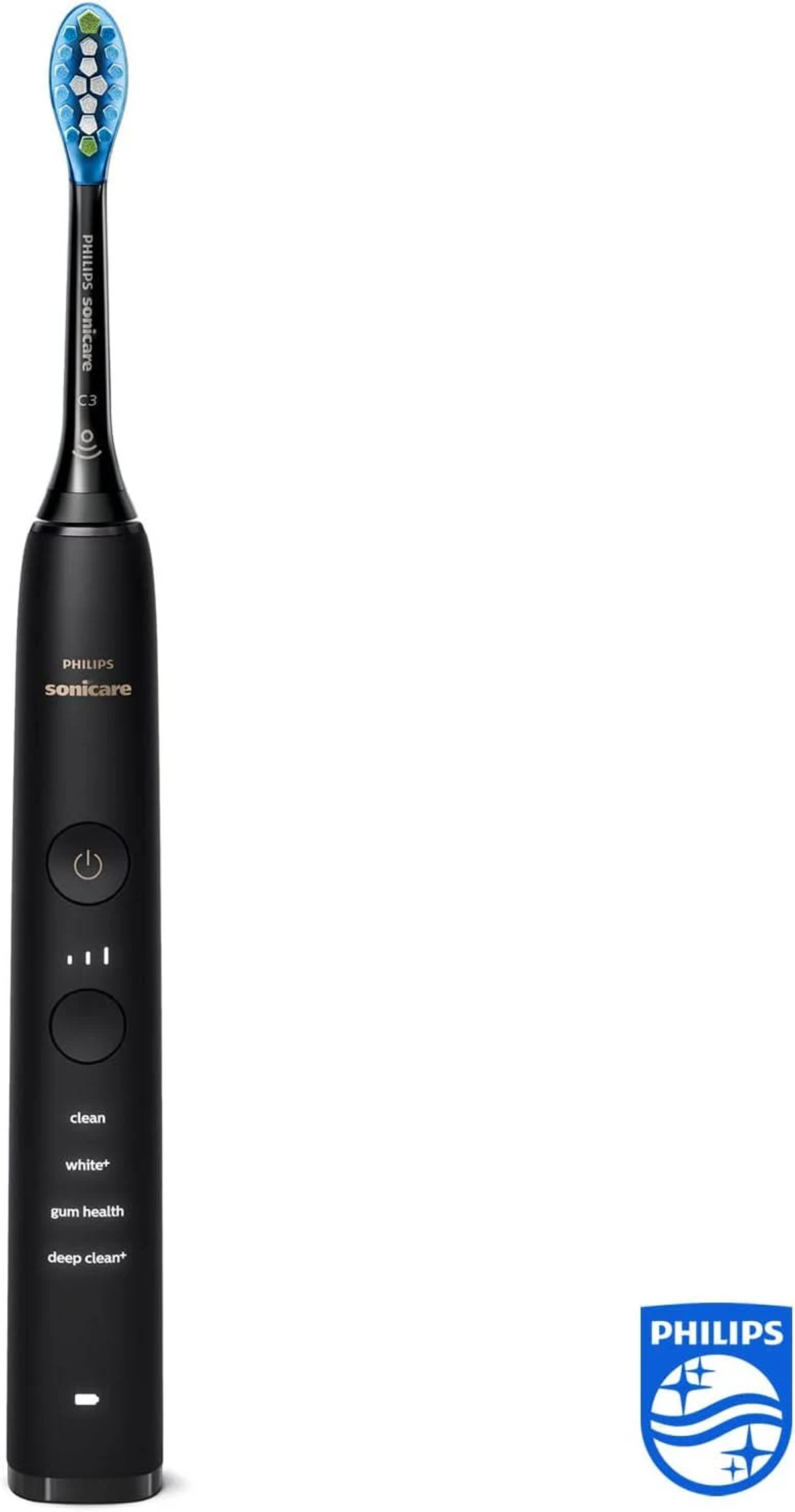 Czarna elektryczna szczoteczka do zębów Philips Sonicare z białym tłem i logo Philips.