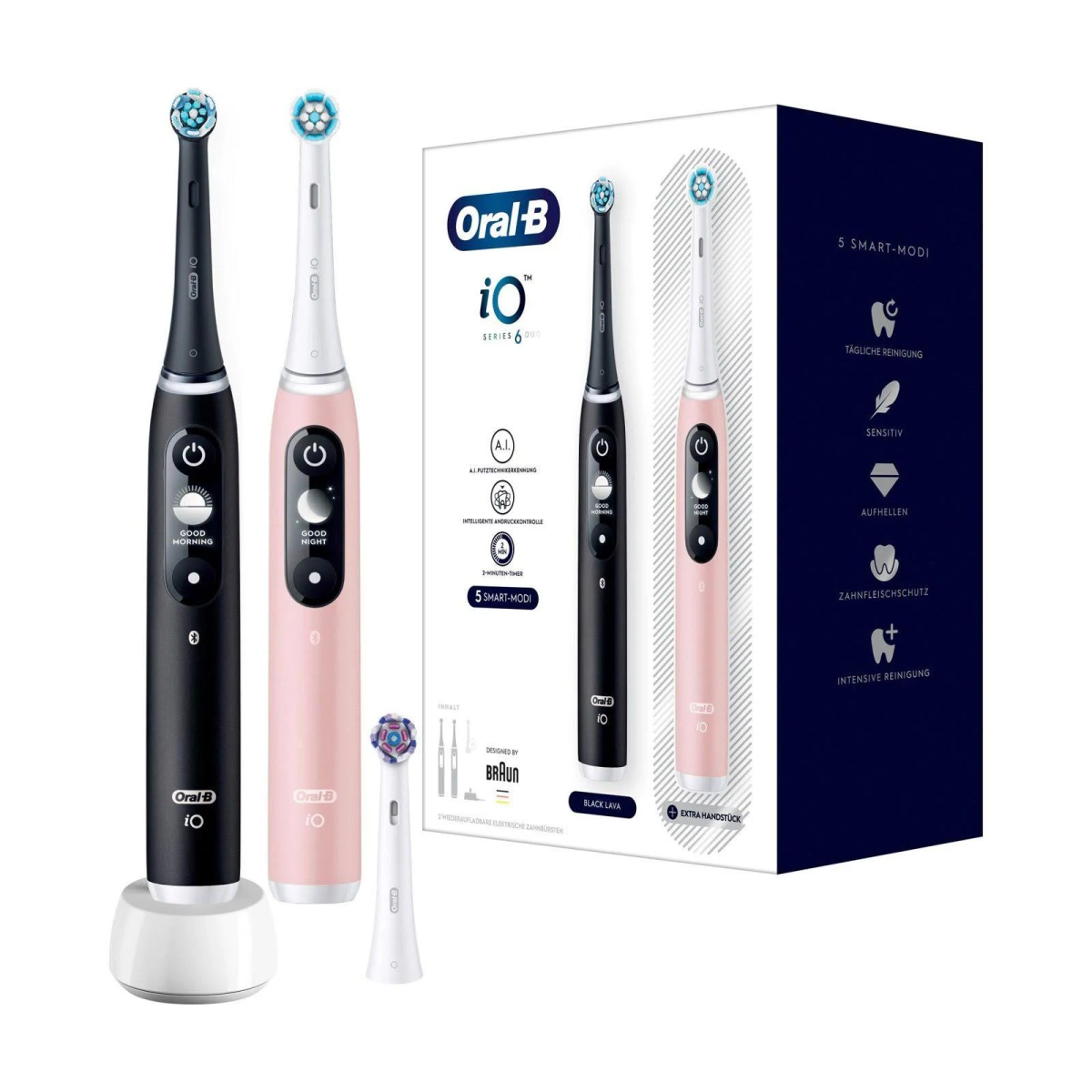 Szczoteczki elektryczne Oral-B iO Series 6 Duo, czarne i różowe, z pudełkiem.