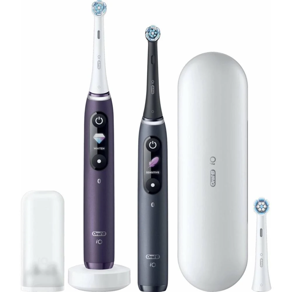 Due spazzolini elettrici Oral-B iO, custodia bianca e testina. Viola e nero.
