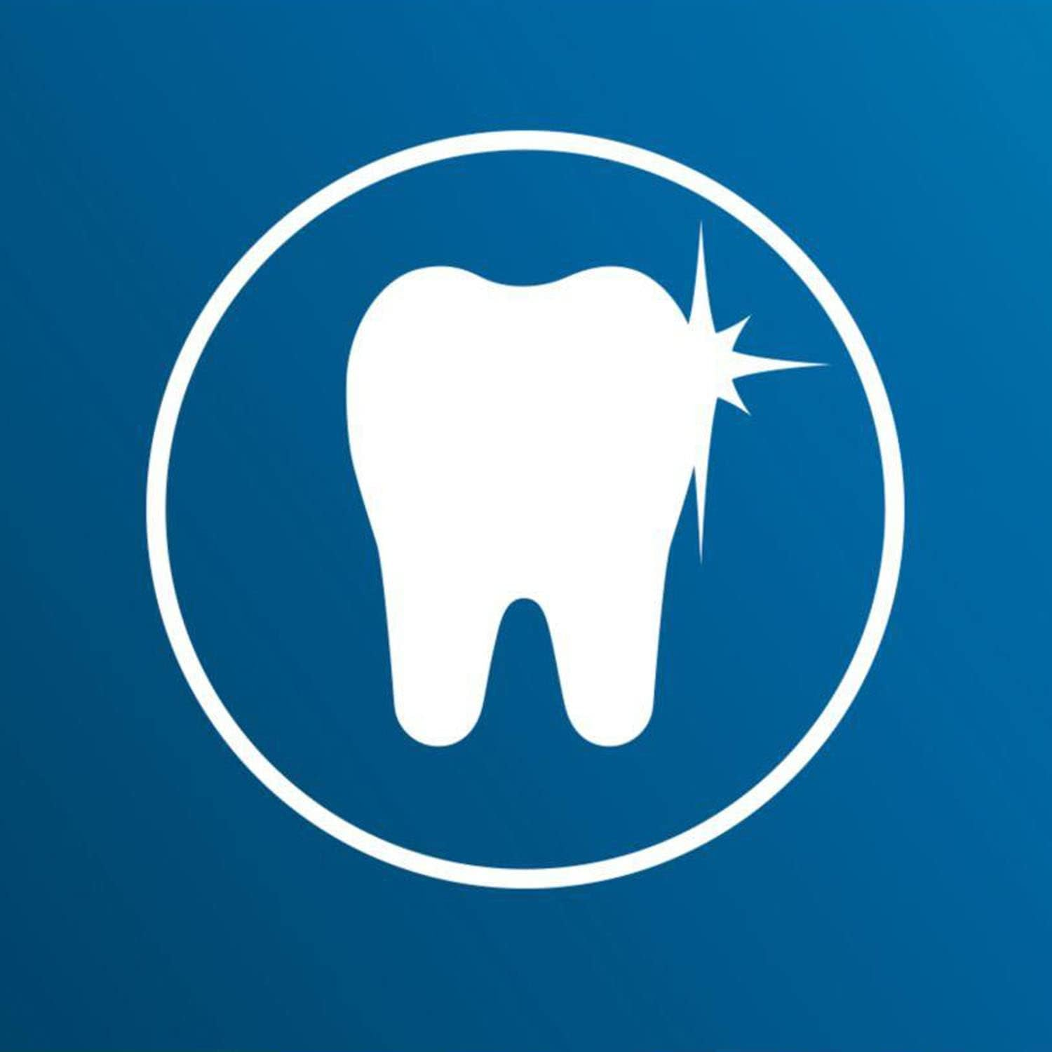 Icona dente bianco in cerchio bianco su sfondo blu con effetto scintillante.