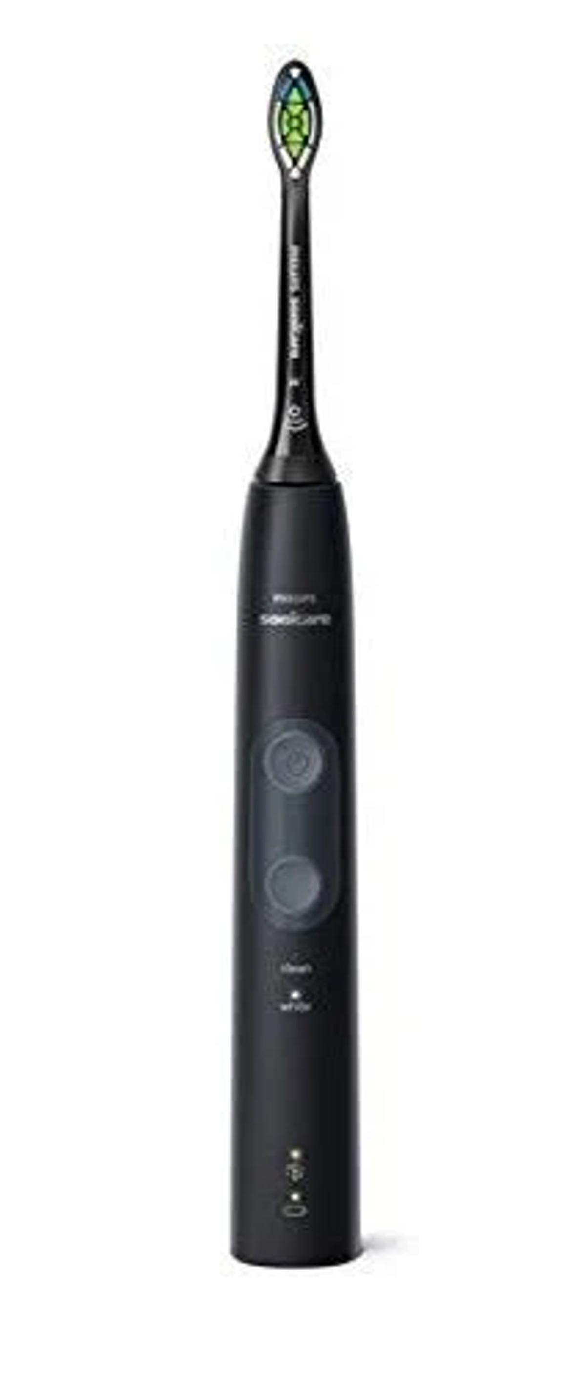 Uno spazzolino elettrico nero. Ha pulsanti e un design elegante. La testina è in cima.