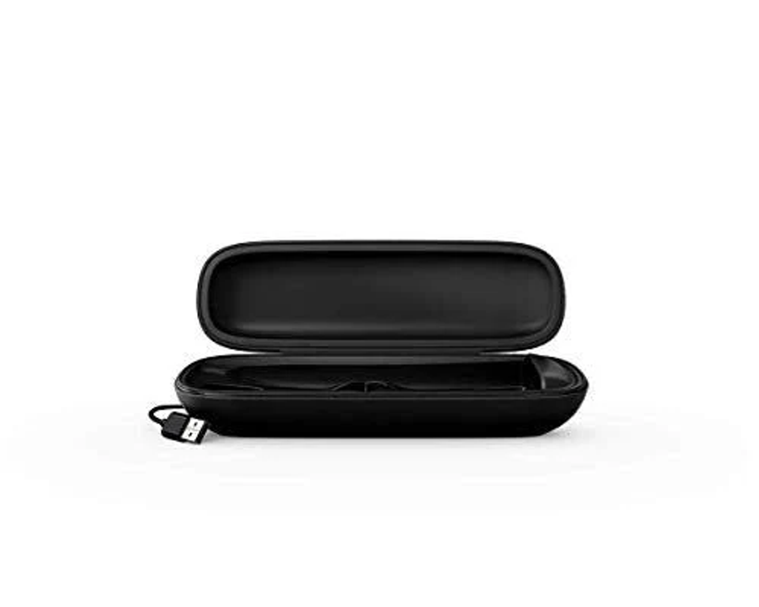Custodia nera aperta con cavo USB, per spazzolino. Sfondo bianco.