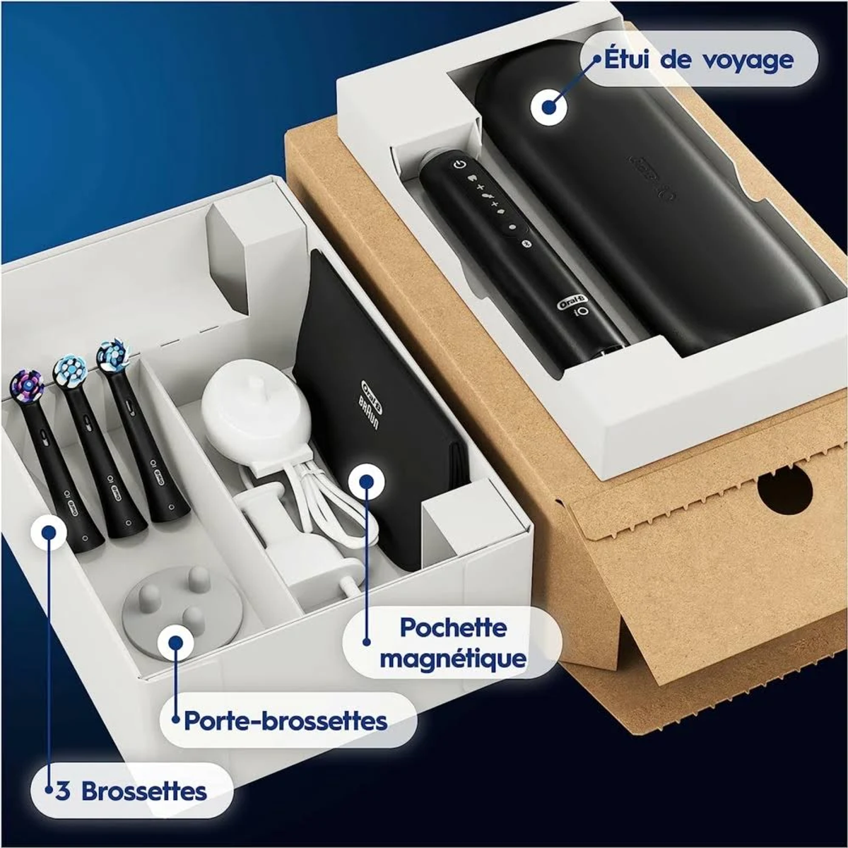 Caja abierta de un kit de cepillo de dientes eléctrico. Incluye un cargador, cabezales de cepillo y un estuche de viaje.