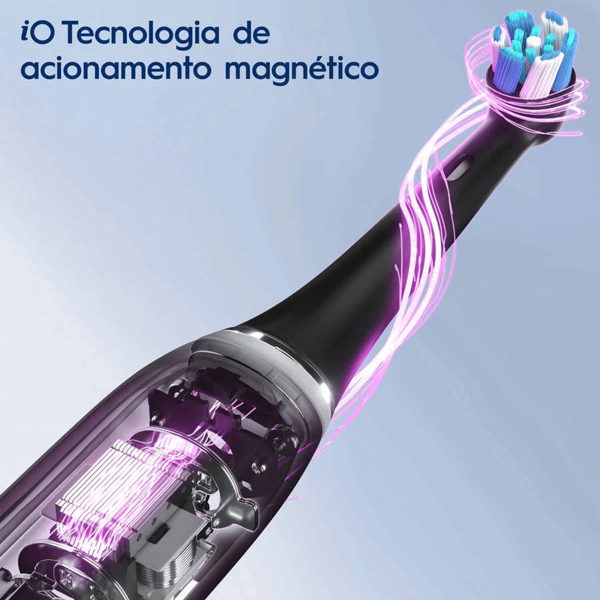 Spazzolino elettrico con corpo trasparente che mostra le parti interne. Linee di energia viola circondano.
