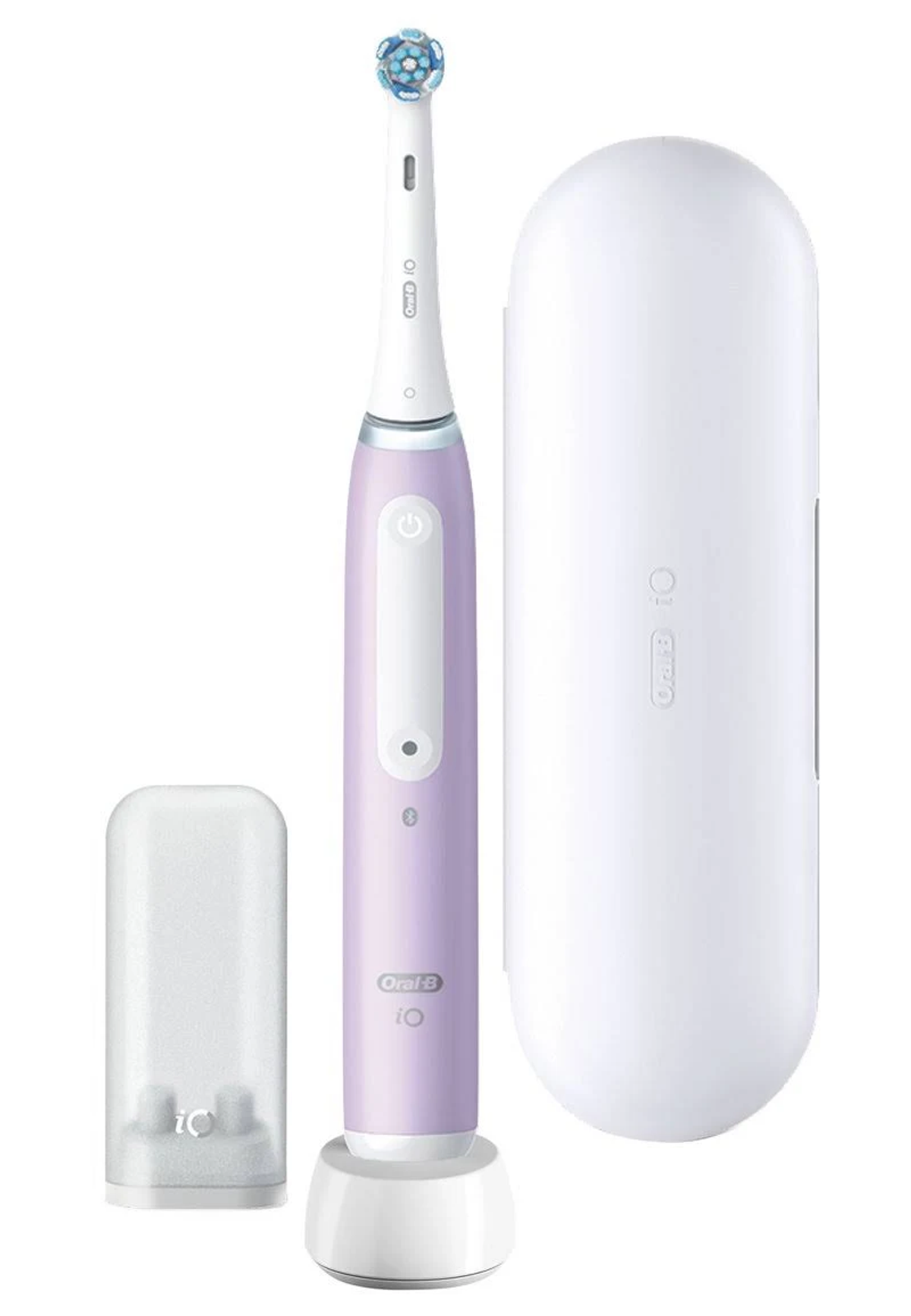 Fioletowa szczoteczka Oral-B iO ze stacją ładującą i etui. Białe tło.