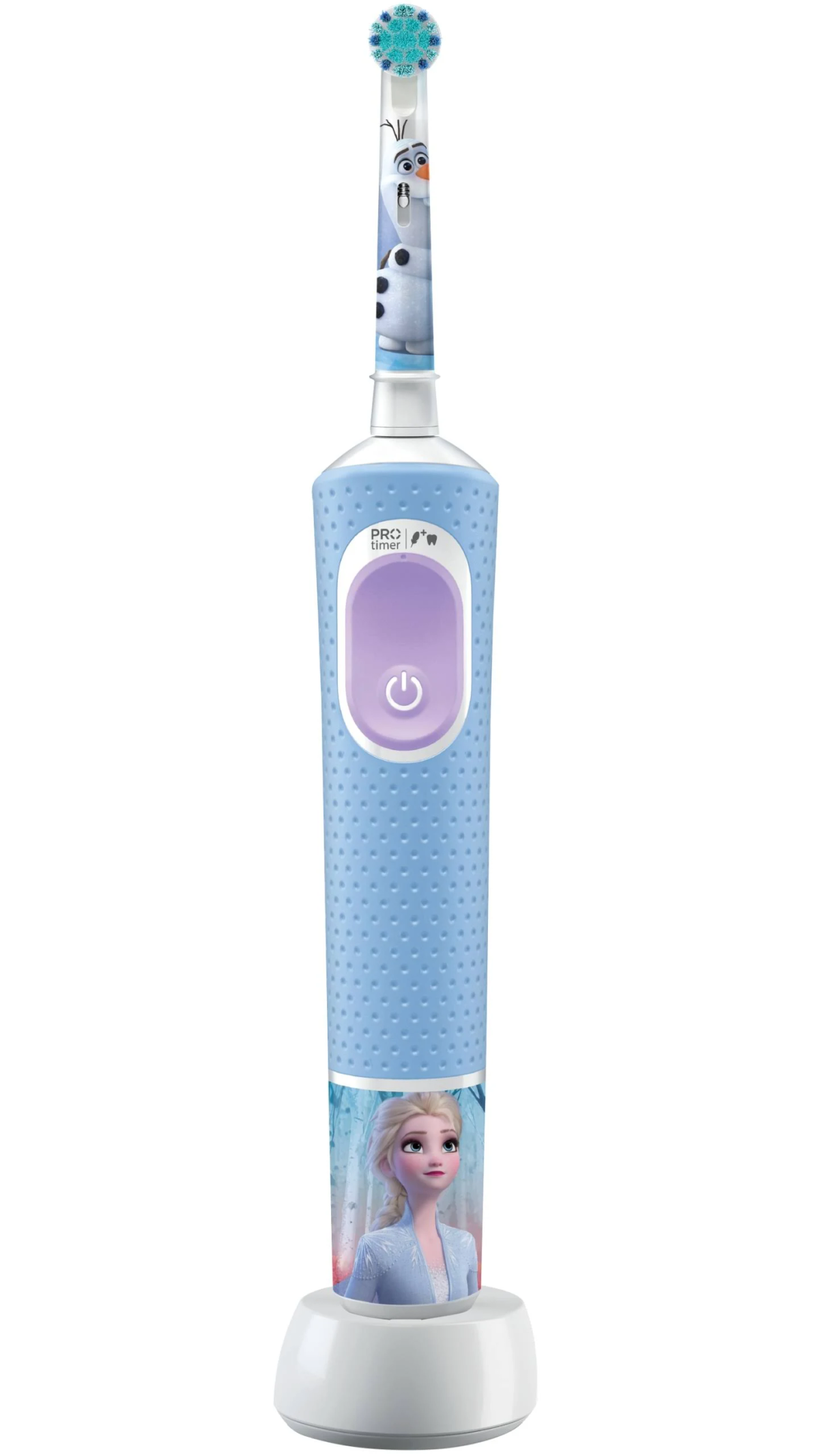 Cepillo de dientes eléctrico azul con diseño de Olaf y Elsa, en base blanca.