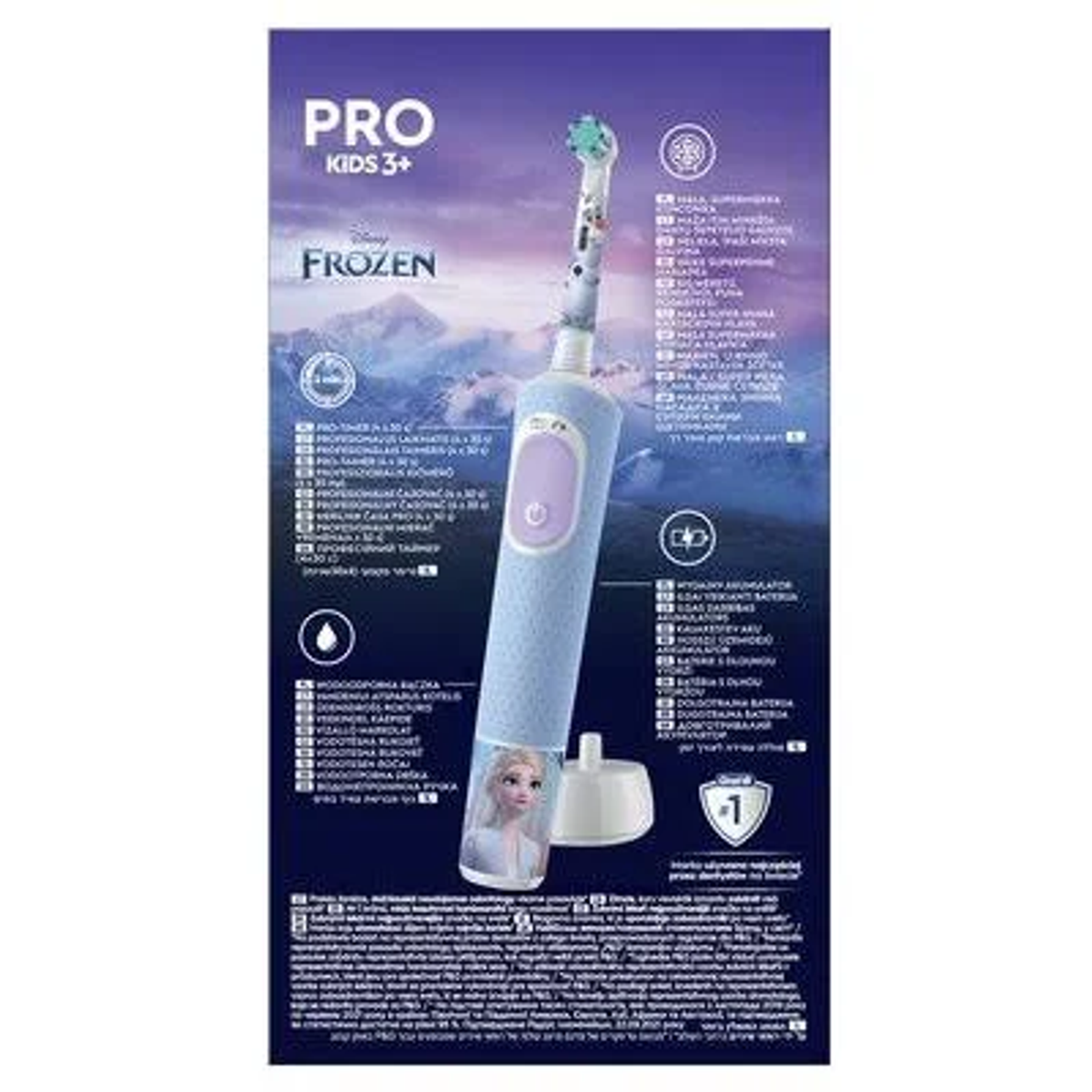 Cepillo de dientes Oral-B Pro Kids 3+ Frozen y su embalaje. El cepillo es azul claro.