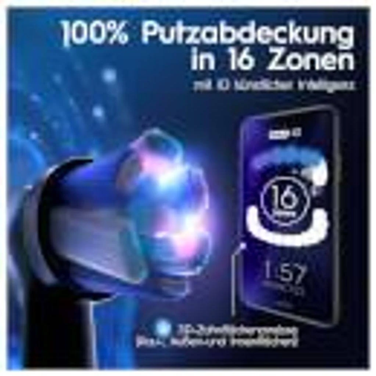 Werbung, die eine Zahnbürste beim Putzen zeigt, mit einer App, die die Putzzeit anzeigt.