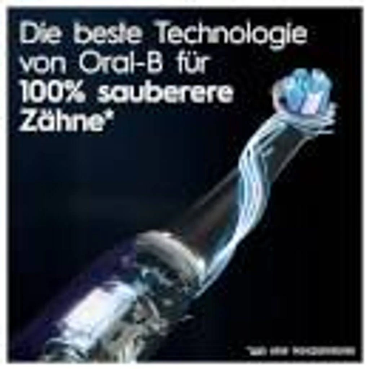 Nahaufnahme eines elektrischen Zahnbürstenkopfs mit Borsten und Lichteffekt. Schwarzer Hintergrund.