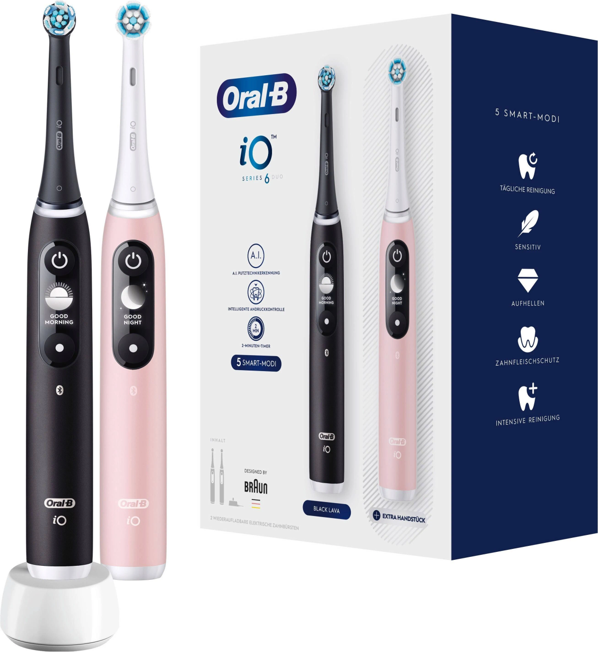 Oral-B iO Series 6 Duo toothbrushes, black and pink. Also shown is the charging base and packaging.