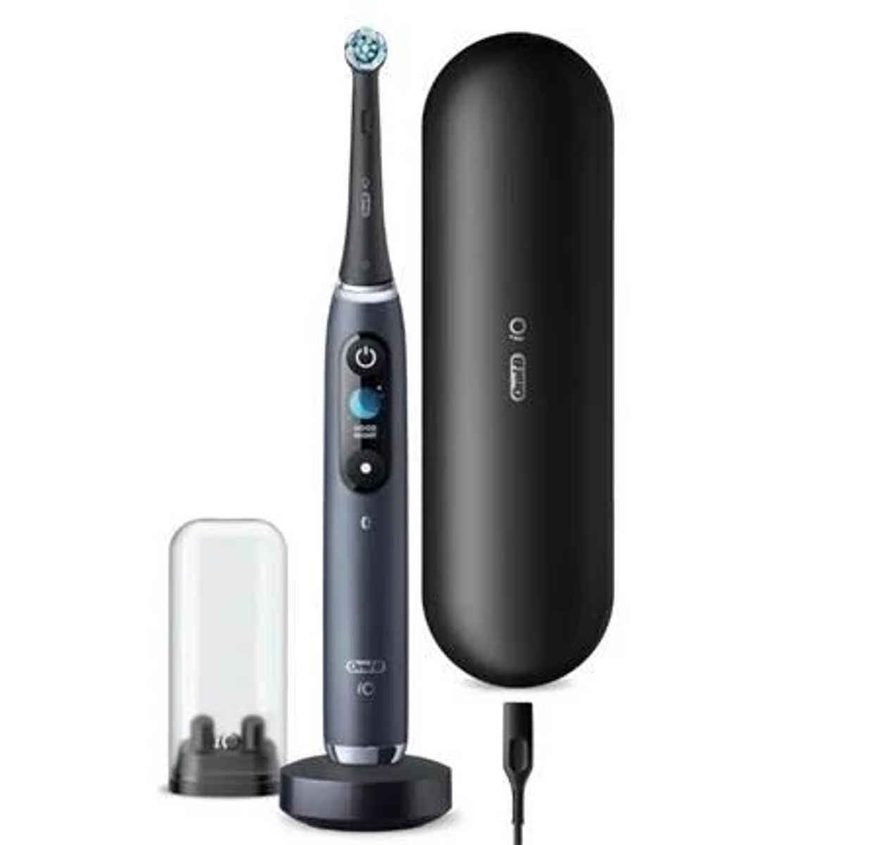 Electric toothbrush, charging base, and travel case. Toothbrush is dark grey with a black charging base.